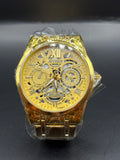Men's AIYISHI Gold-Tone Skeleton Dial Multi-Function Wristwatch