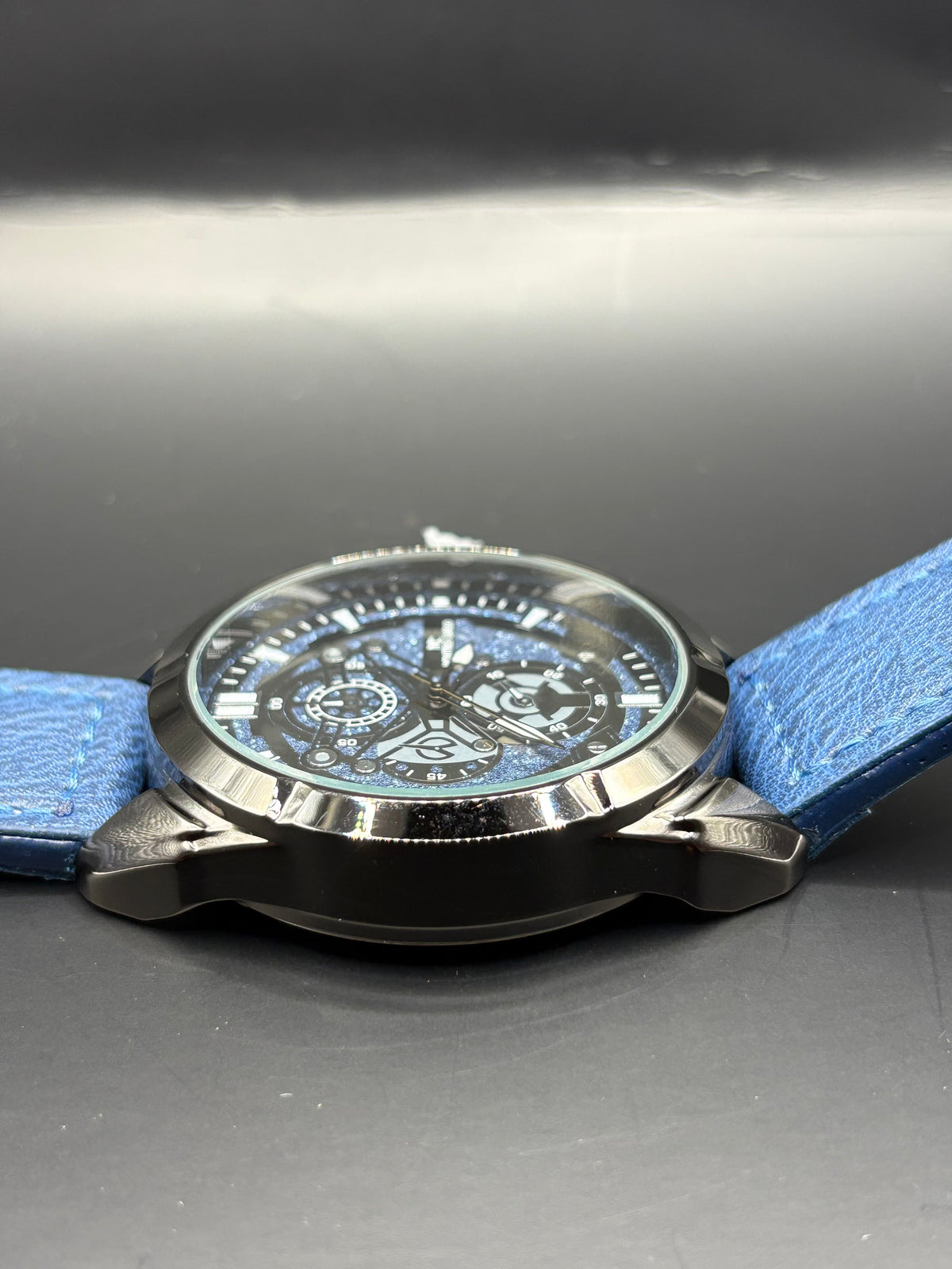 Men’s Montres Carlo Gunmetal Watch with Blue Glitter Dial & Blue Leather Strap
