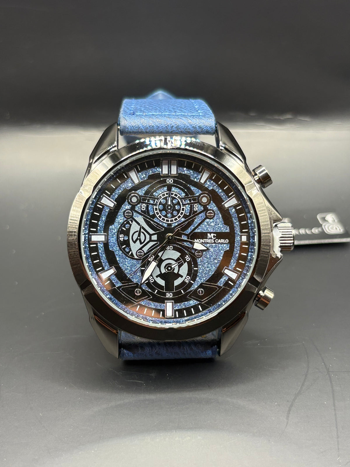 Men’s Montres Carlo Gunmetal Watch with Blue Glitter Dial & Blue Leather Strap