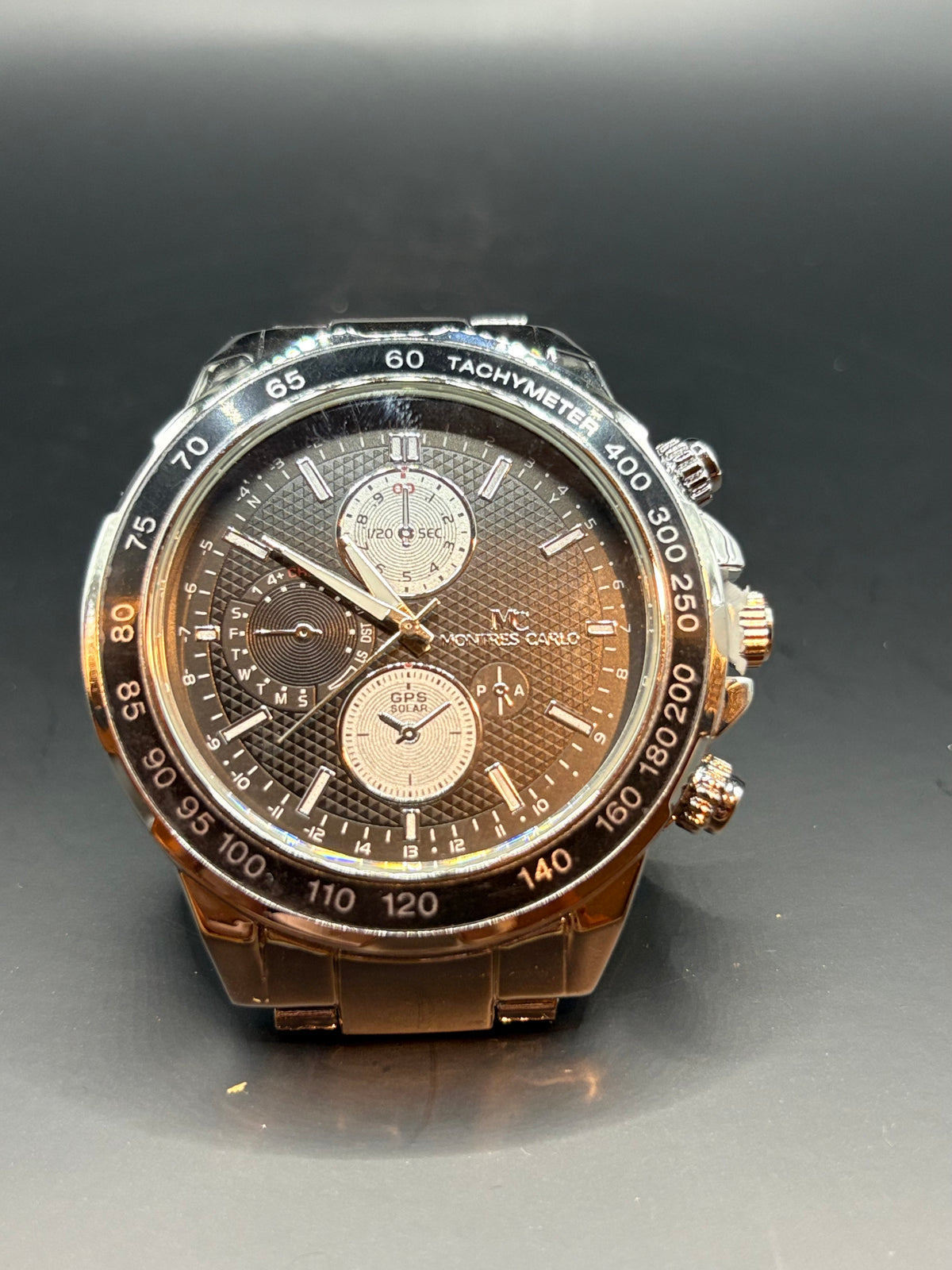 Men's Montres Carlo Silver-Tone & Charcoal Waffle Dial Tachymeter Chronograph Watch