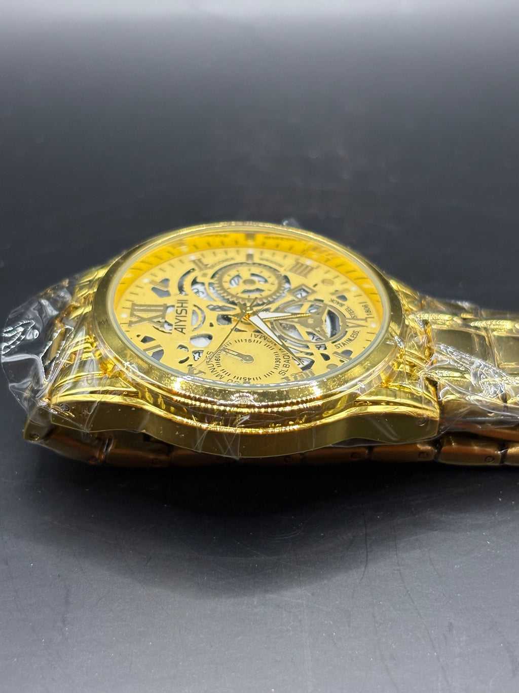 Men's AIYISHI Gold-Tone Skeleton Dial Multi-Function Wristwatch