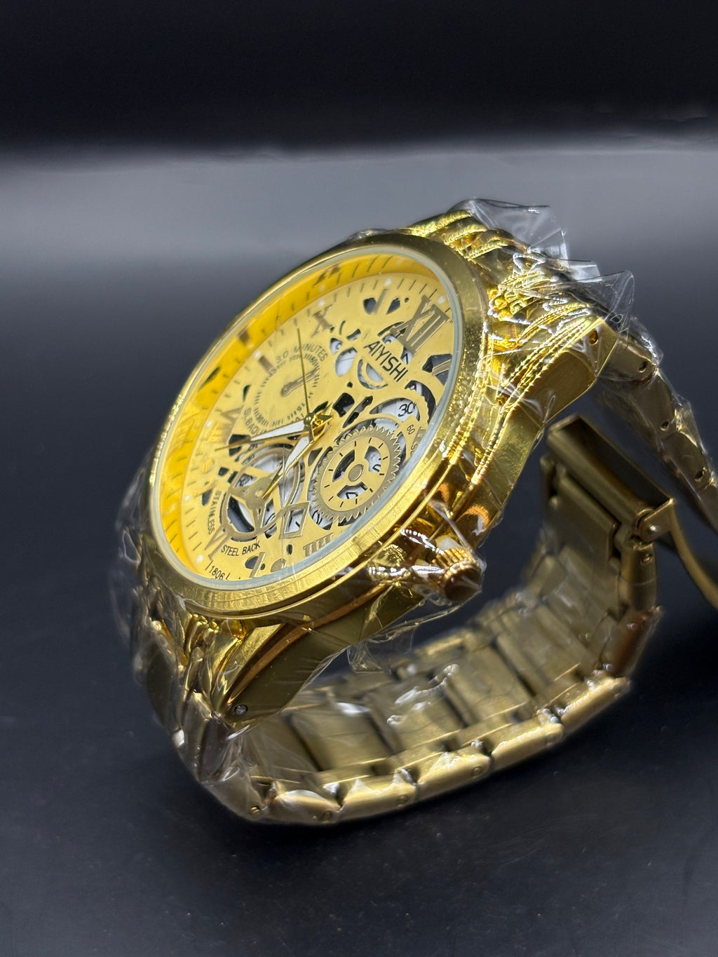 Men's AIYISHI Gold-Tone Skeleton Dial Multi-Function Wristwatch