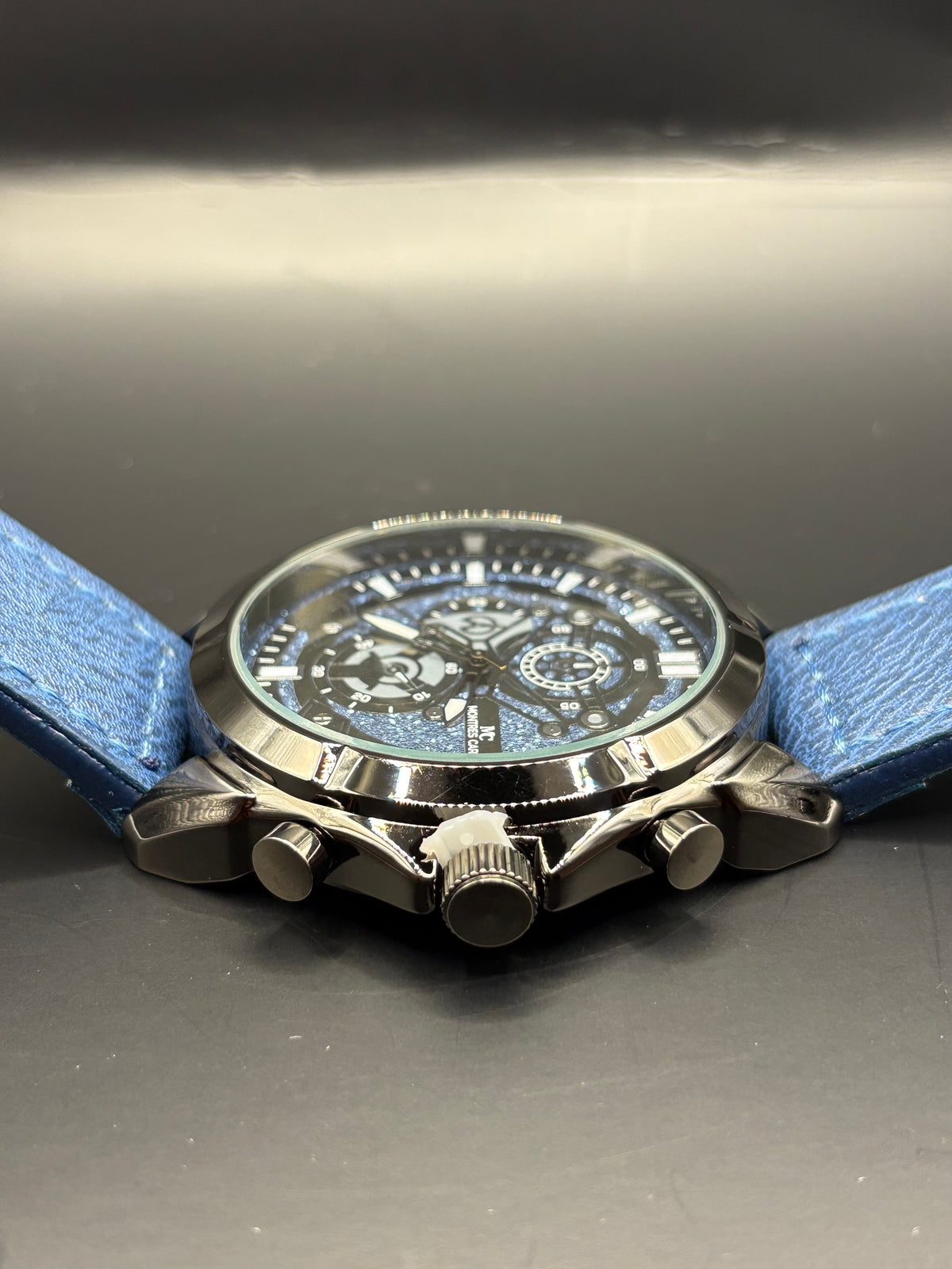 Men’s Montres Carlo Gunmetal Watch with Blue Glitter Dial & Blue Leather Strap