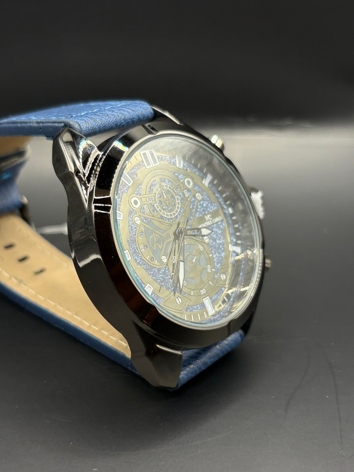 Men’s Montres Carlo Gunmetal Watch with Blue Glitter Dial & Blue Leather Strap