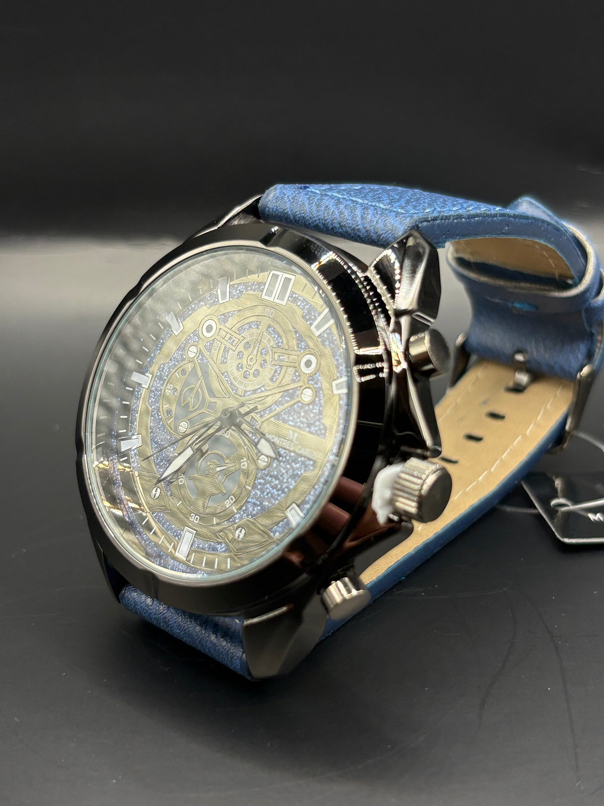 Men’s Montres Carlo Gunmetal Watch with Blue Glitter Dial & Blue Leather Strap