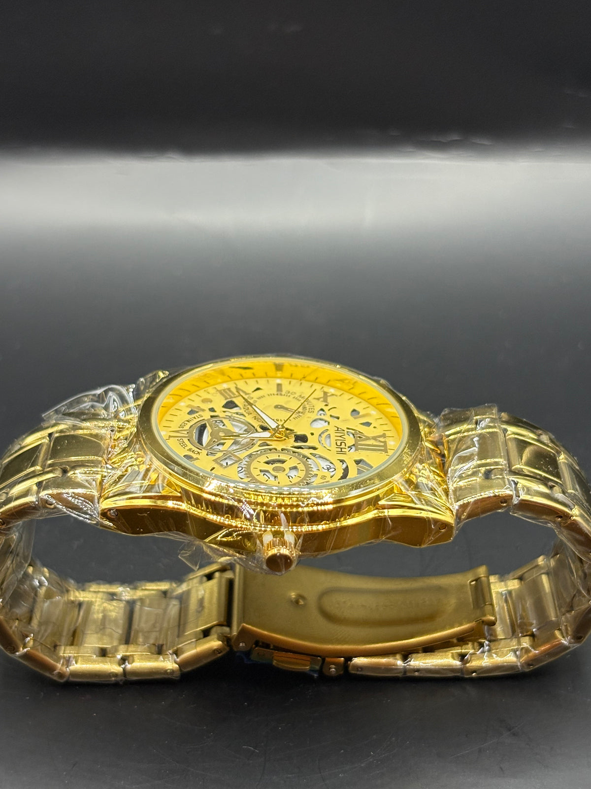Men's AIYISHI Gold-Tone Skeleton Dial Multi-Function Wristwatch