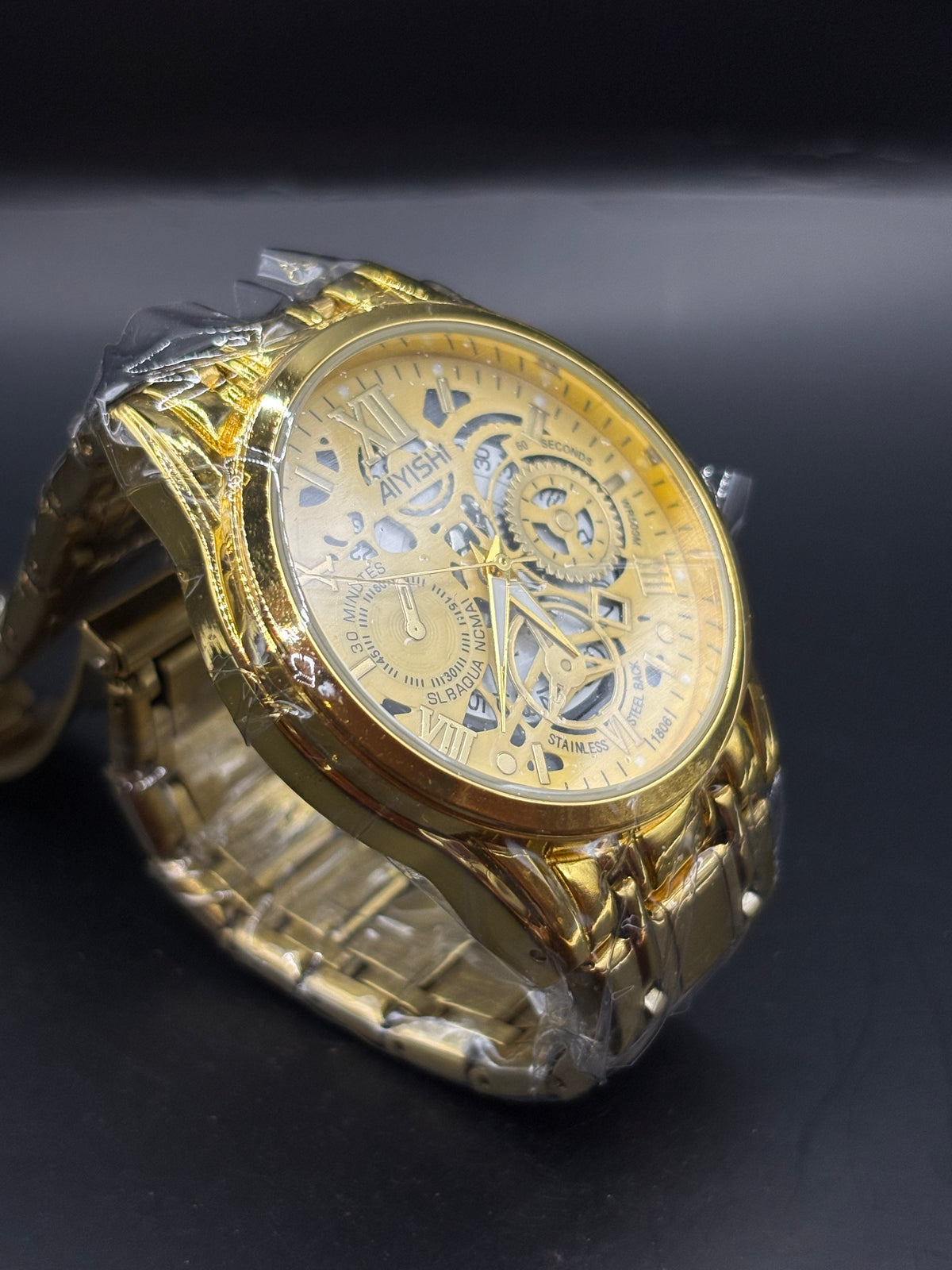 Men's AIYISHI Gold-Tone Skeleton Dial Multi-Function Wristwatch