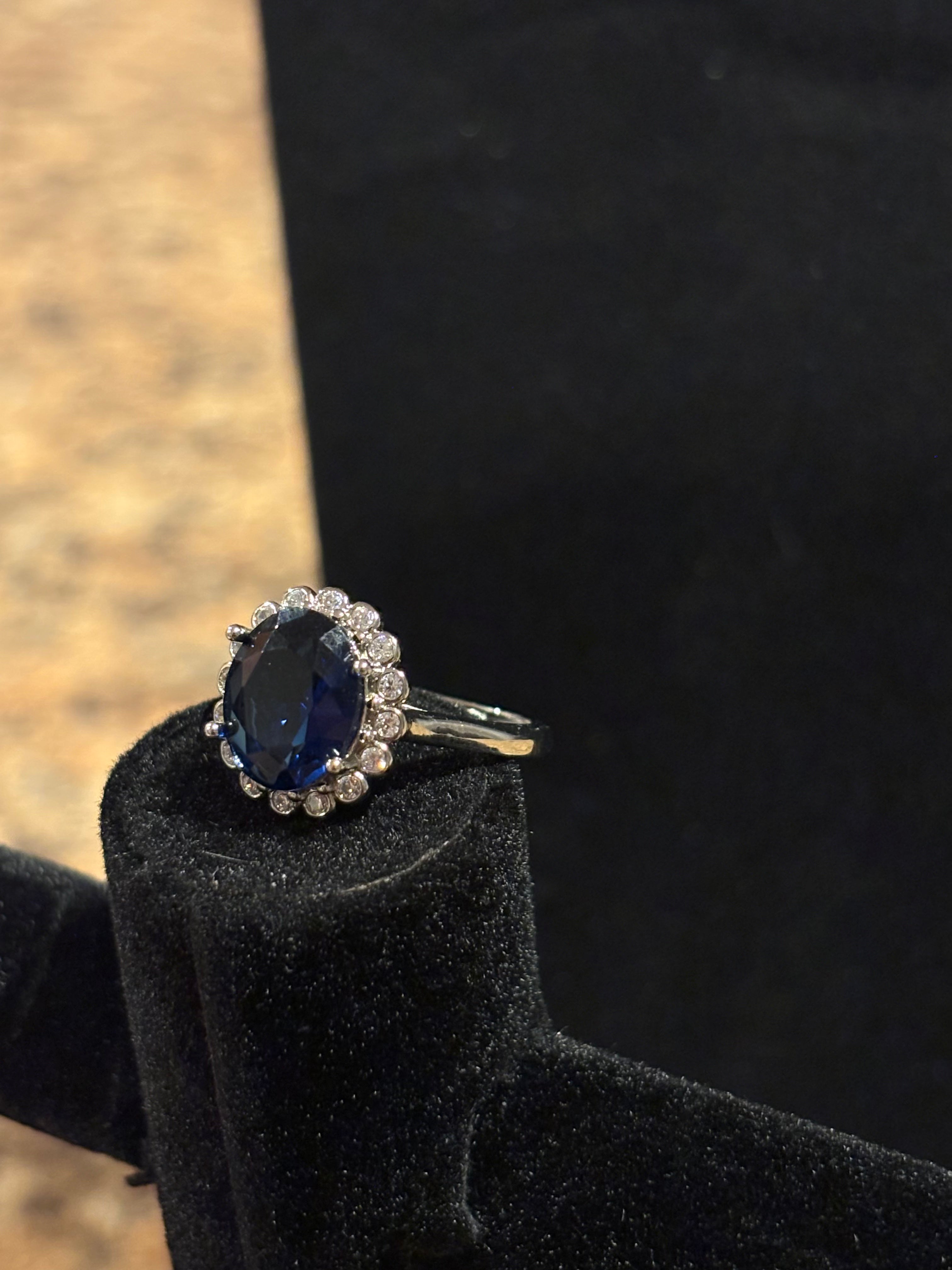 Royal Evening: Oval Faux-Sapphire Halo Adjustable Ring