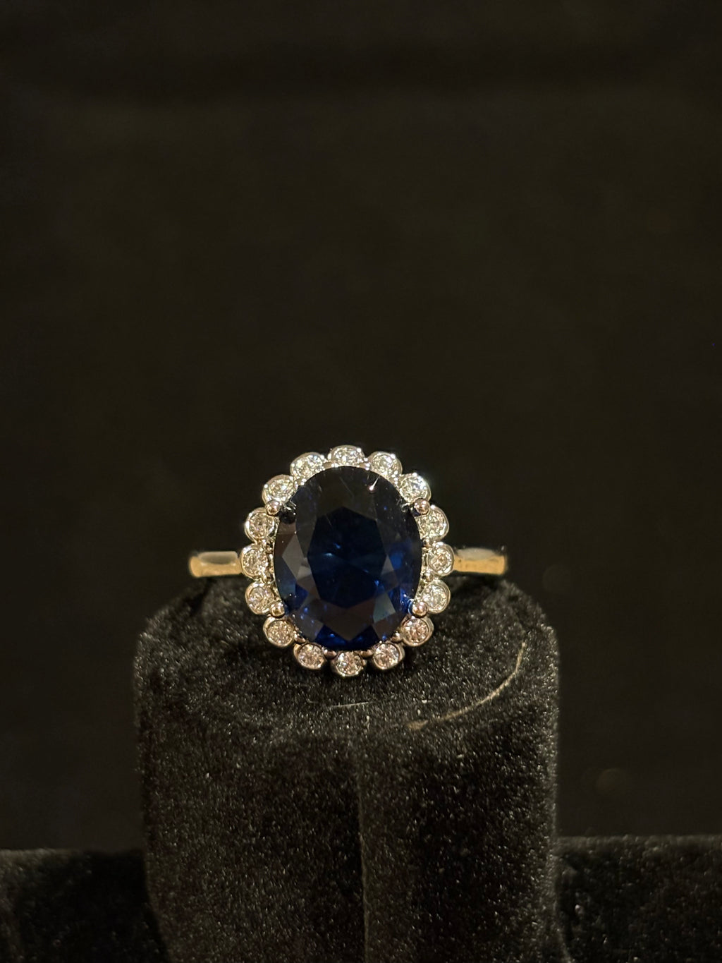 Royal Evening: Oval Faux-Sapphire Halo Adjustable Ring