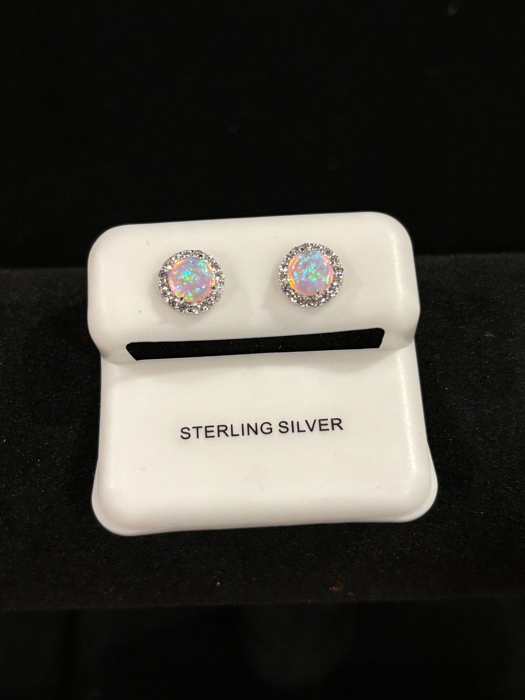 Elegant Round Fire Opal Halo Earrings in Sterling Silver