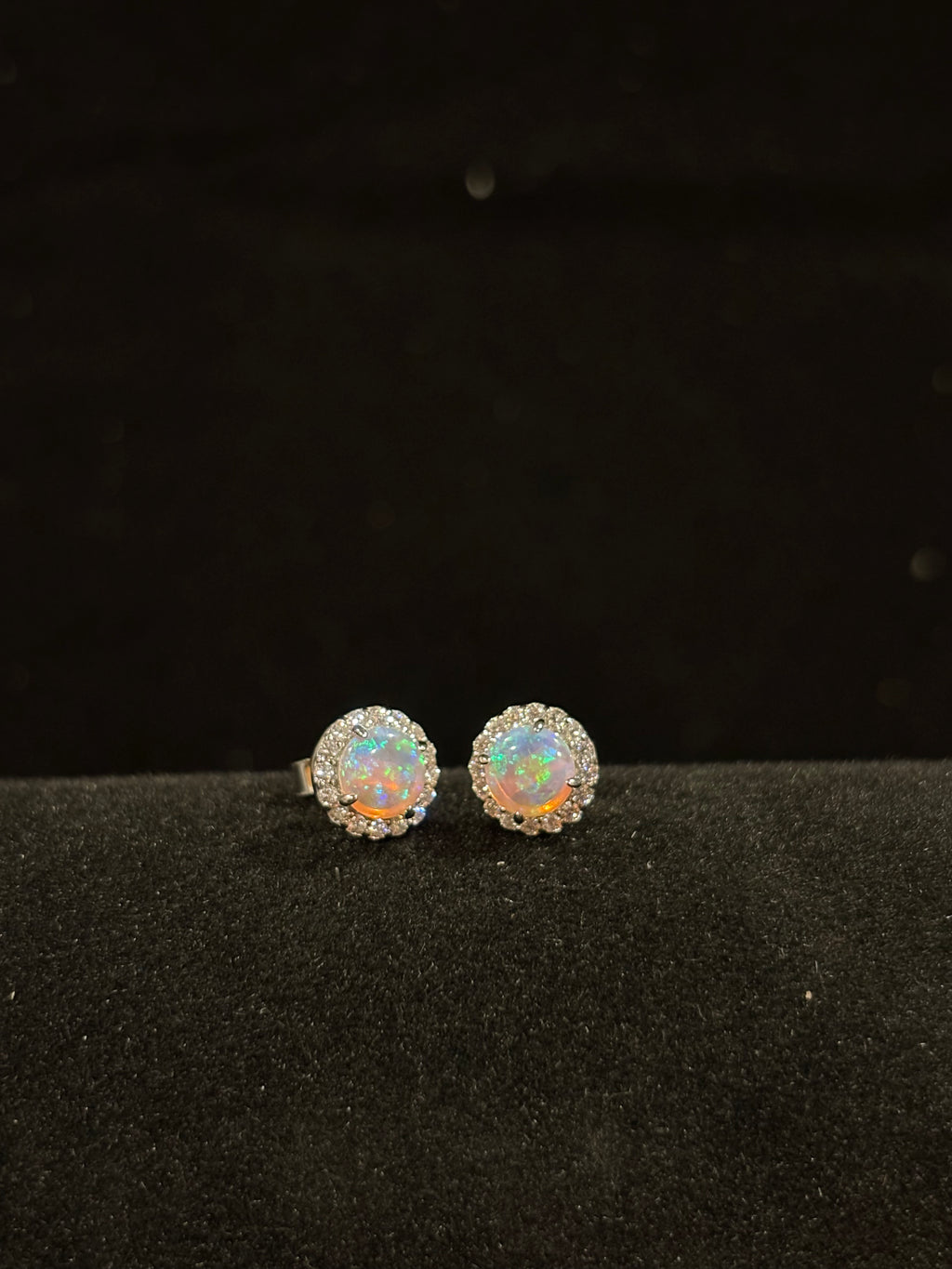Elegant Round Fire Opal Halo Earrings in Sterling Silver