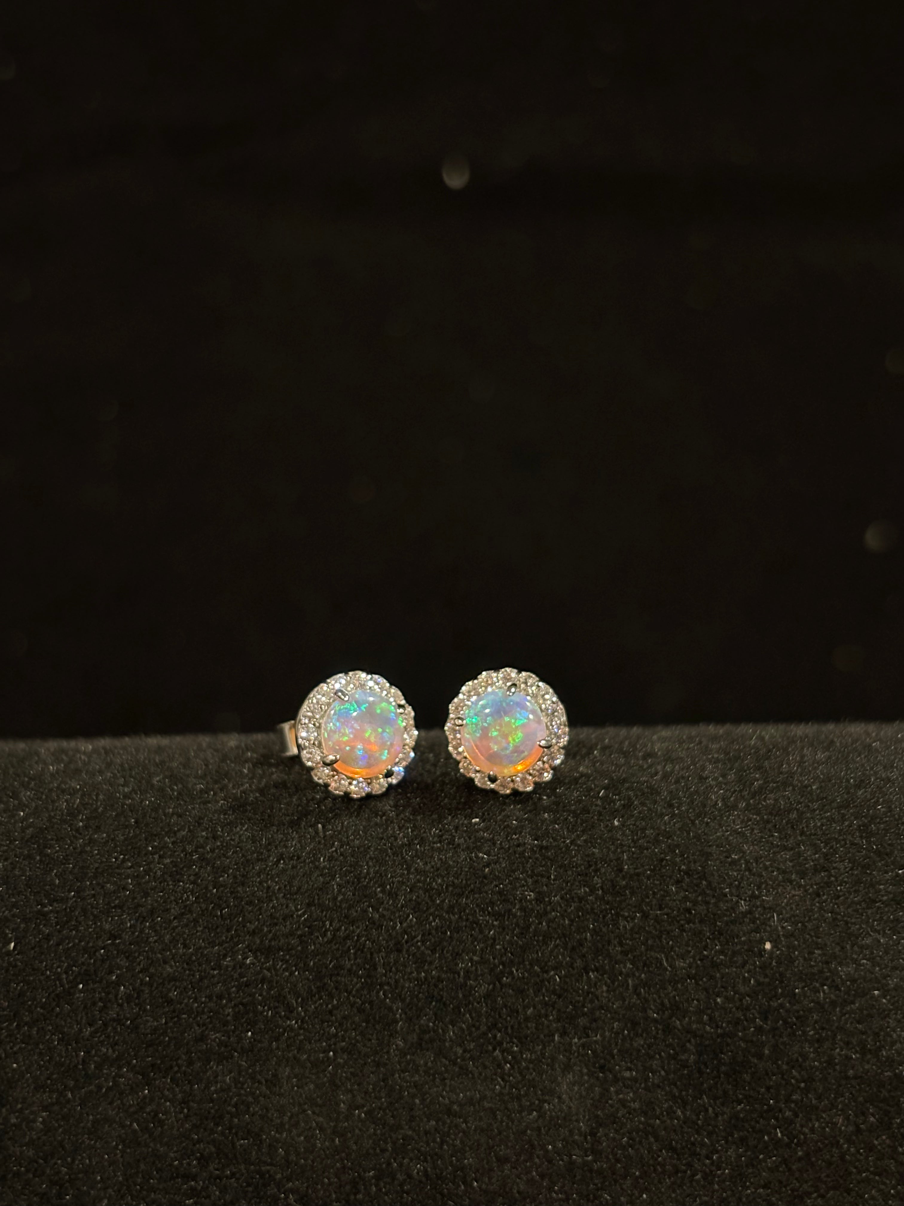 Elegant Round Fire Opal Halo Earrings in Sterling Silver