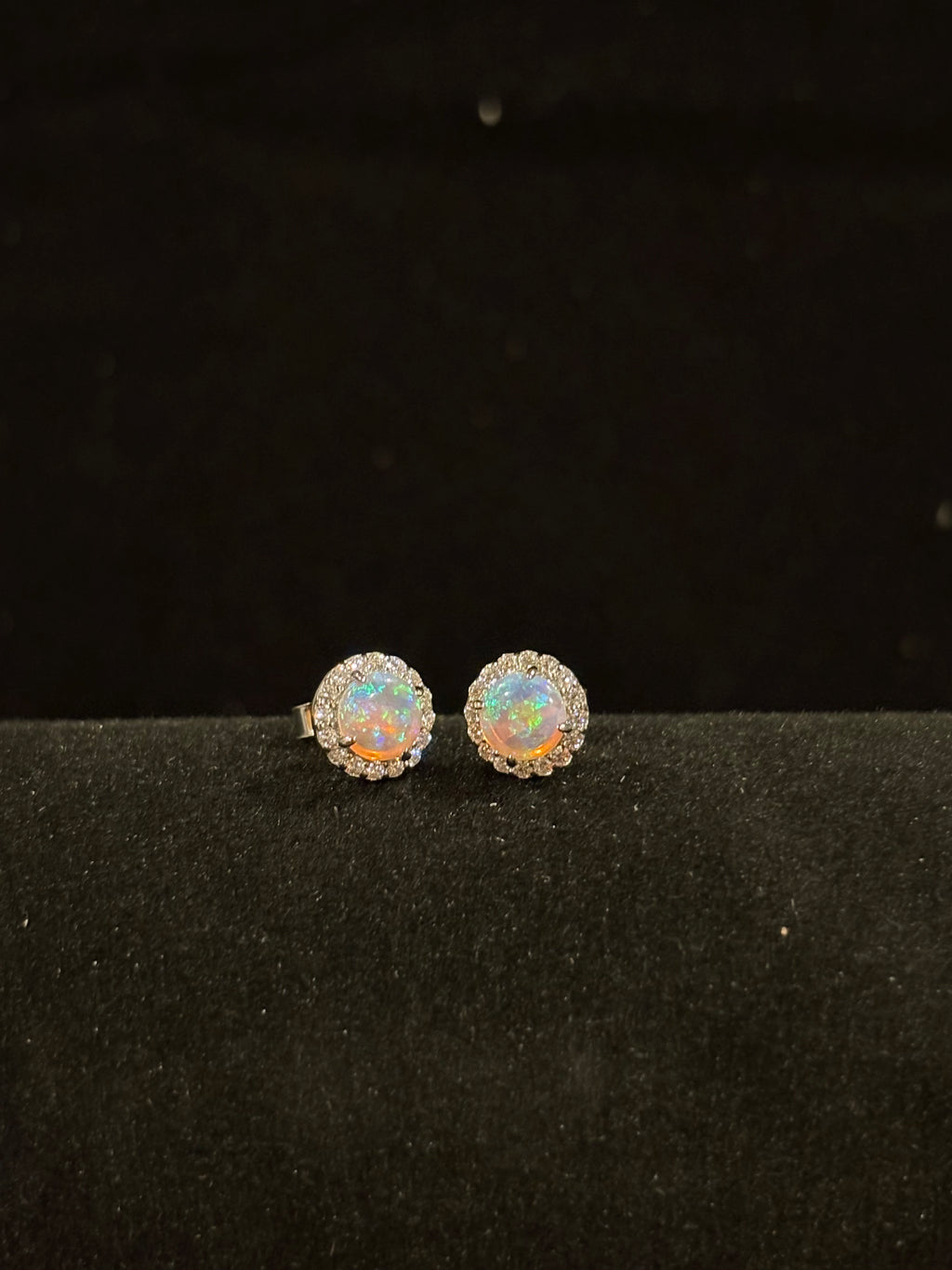 Elegant Round Fire Opal Halo Earrings in Sterling Silver