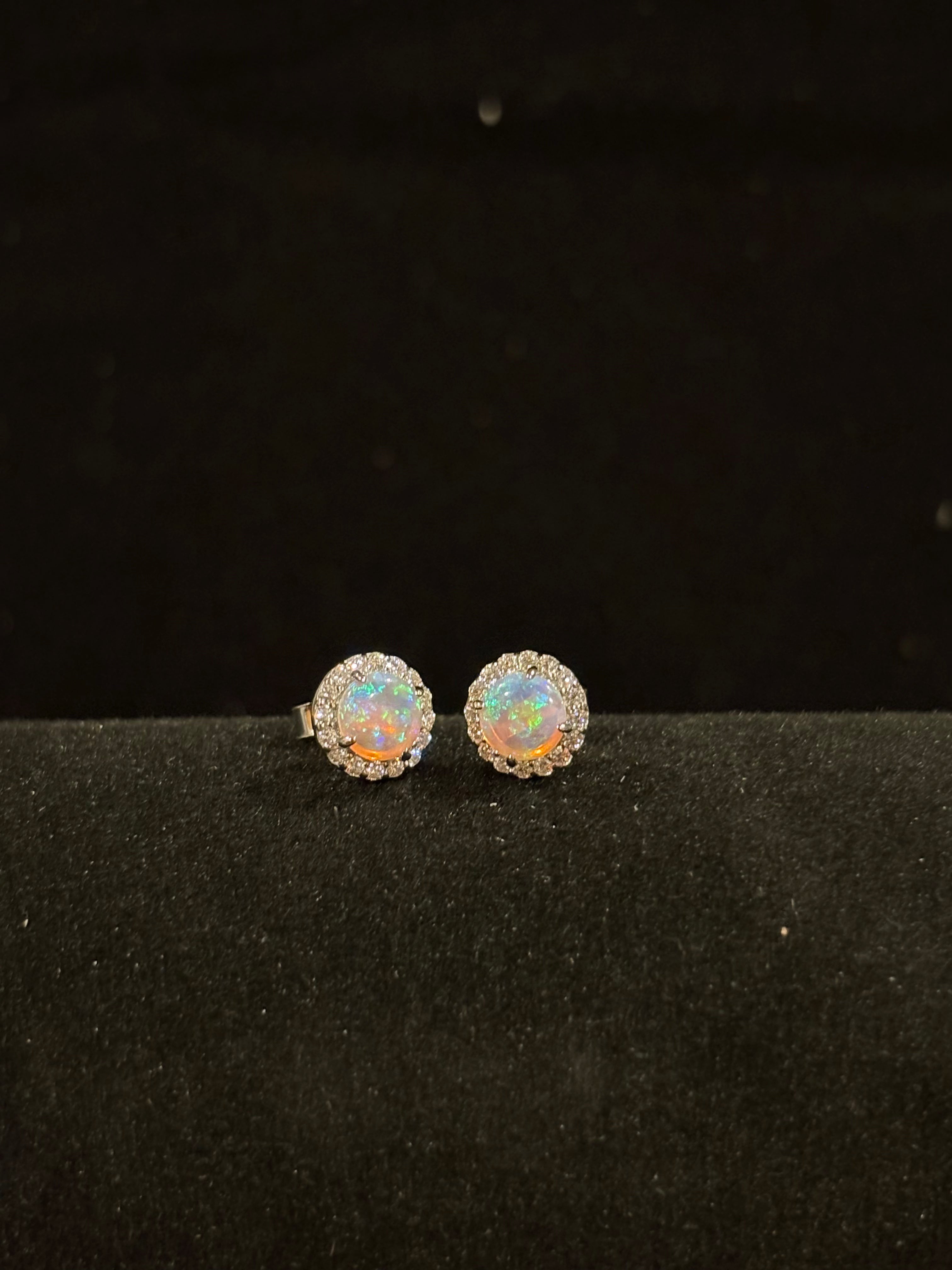 Elegant Round Fire Opal Halo Earrings in Sterling Silver