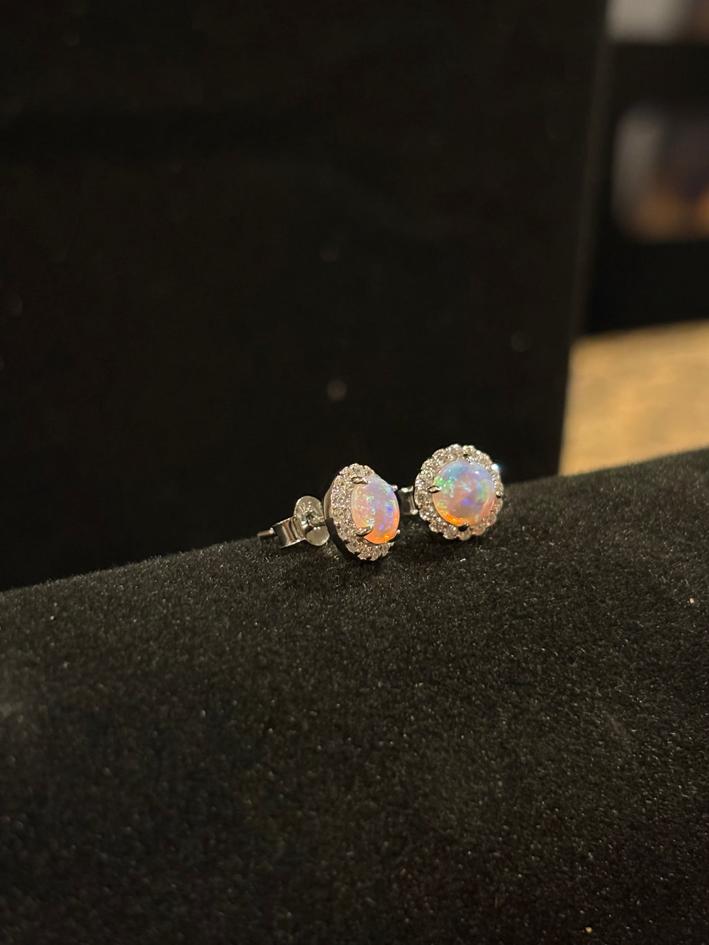 Elegant Round Fire Opal Halo Earrings in Sterling Silver