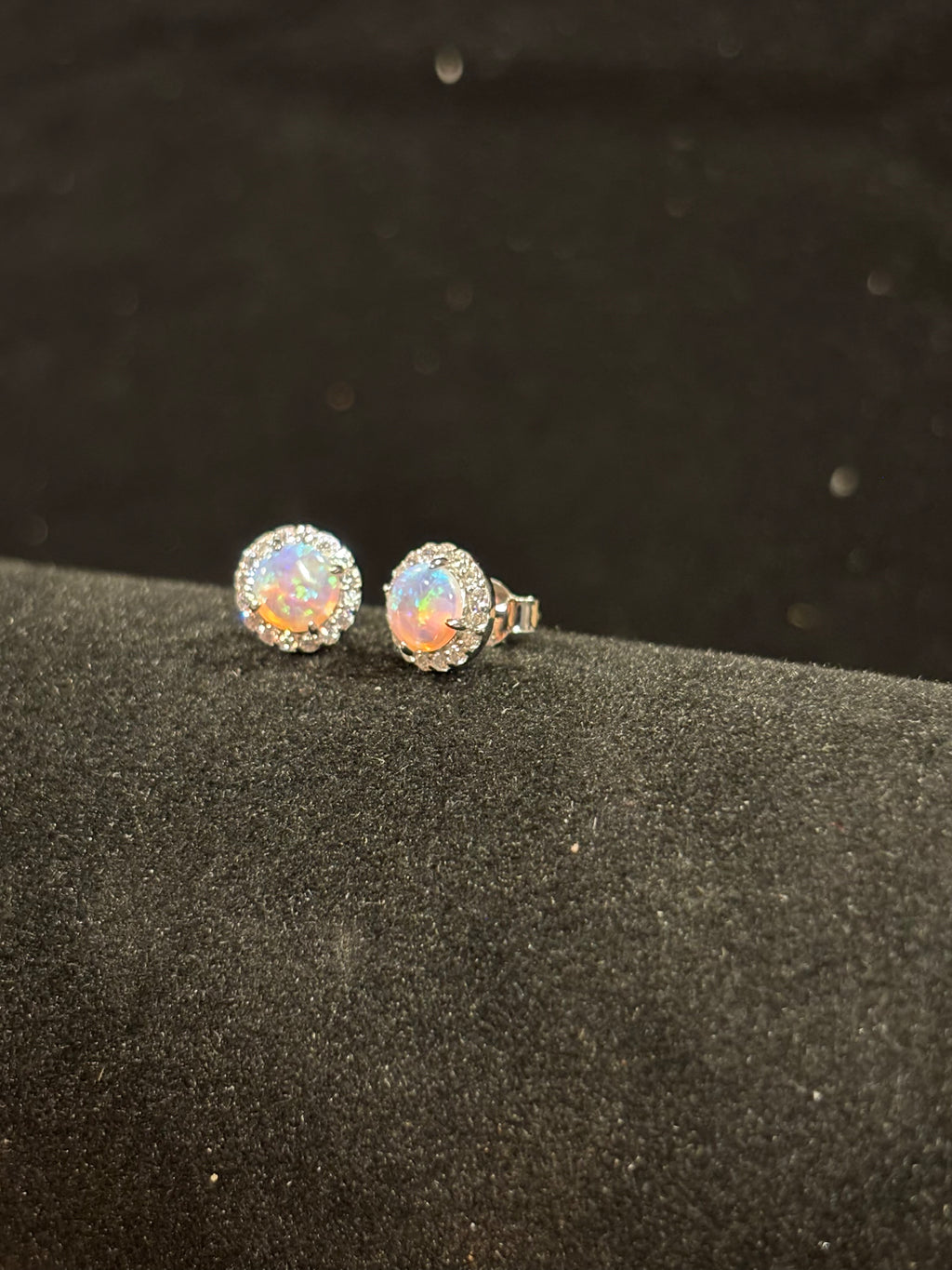 Elegant Round Fire Opal Halo Earrings in Sterling Silver