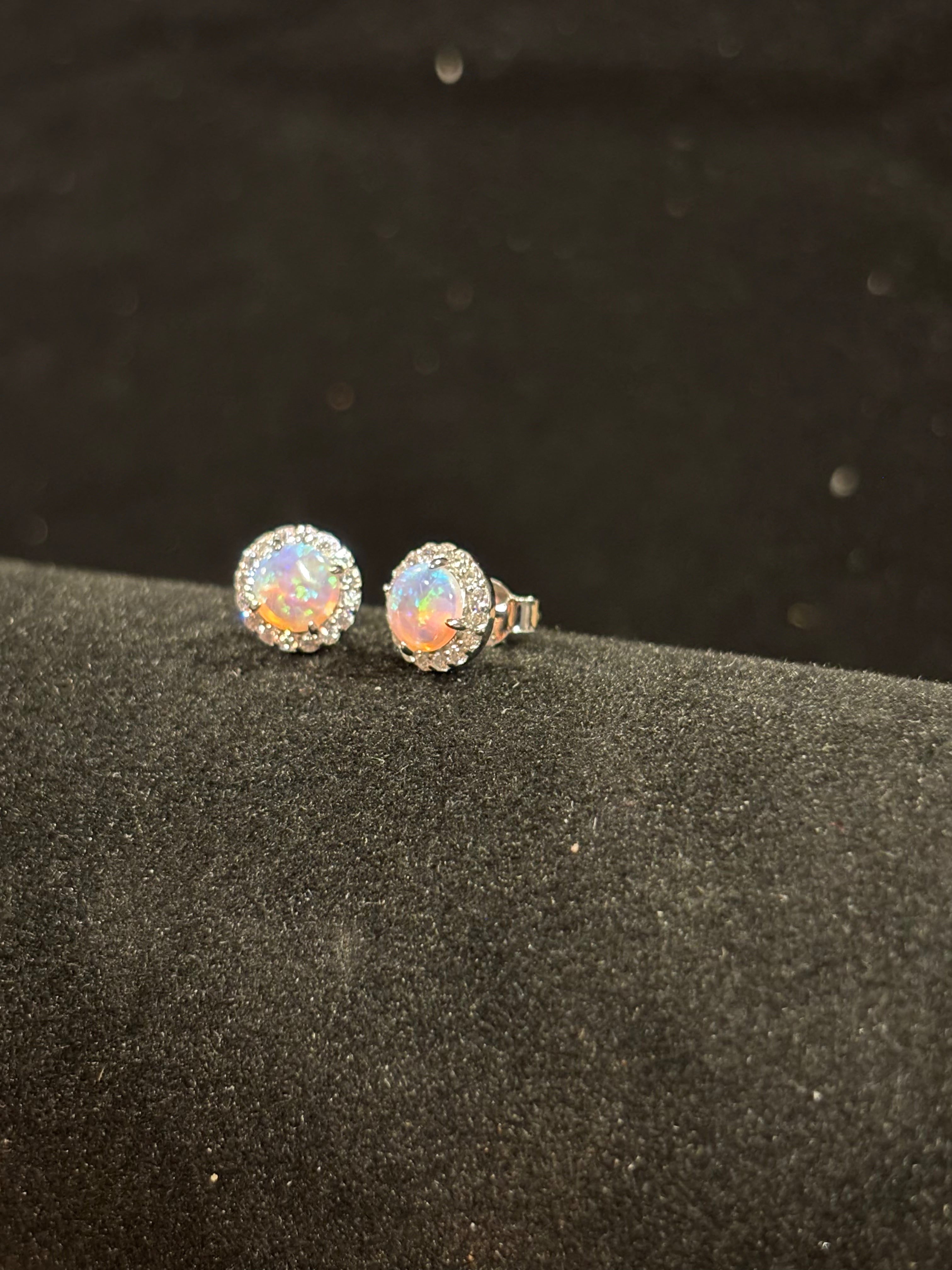 Elegant Round Fire Opal Halo Earrings in Sterling Silver
