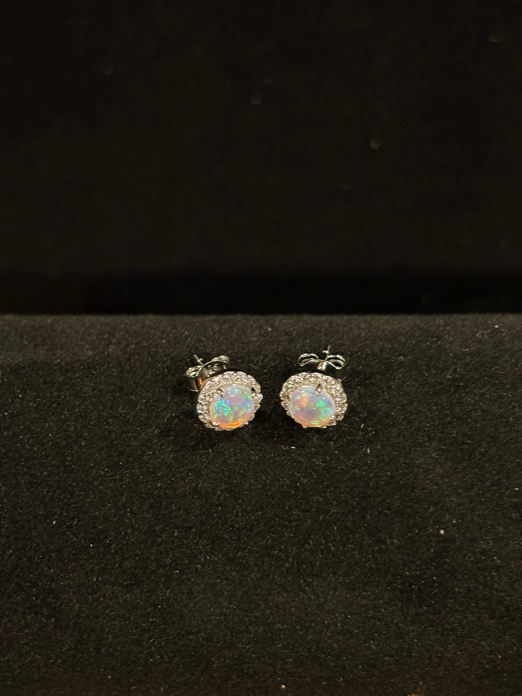 Elegant Round Fire Opal Halo Earrings in Sterling Silver