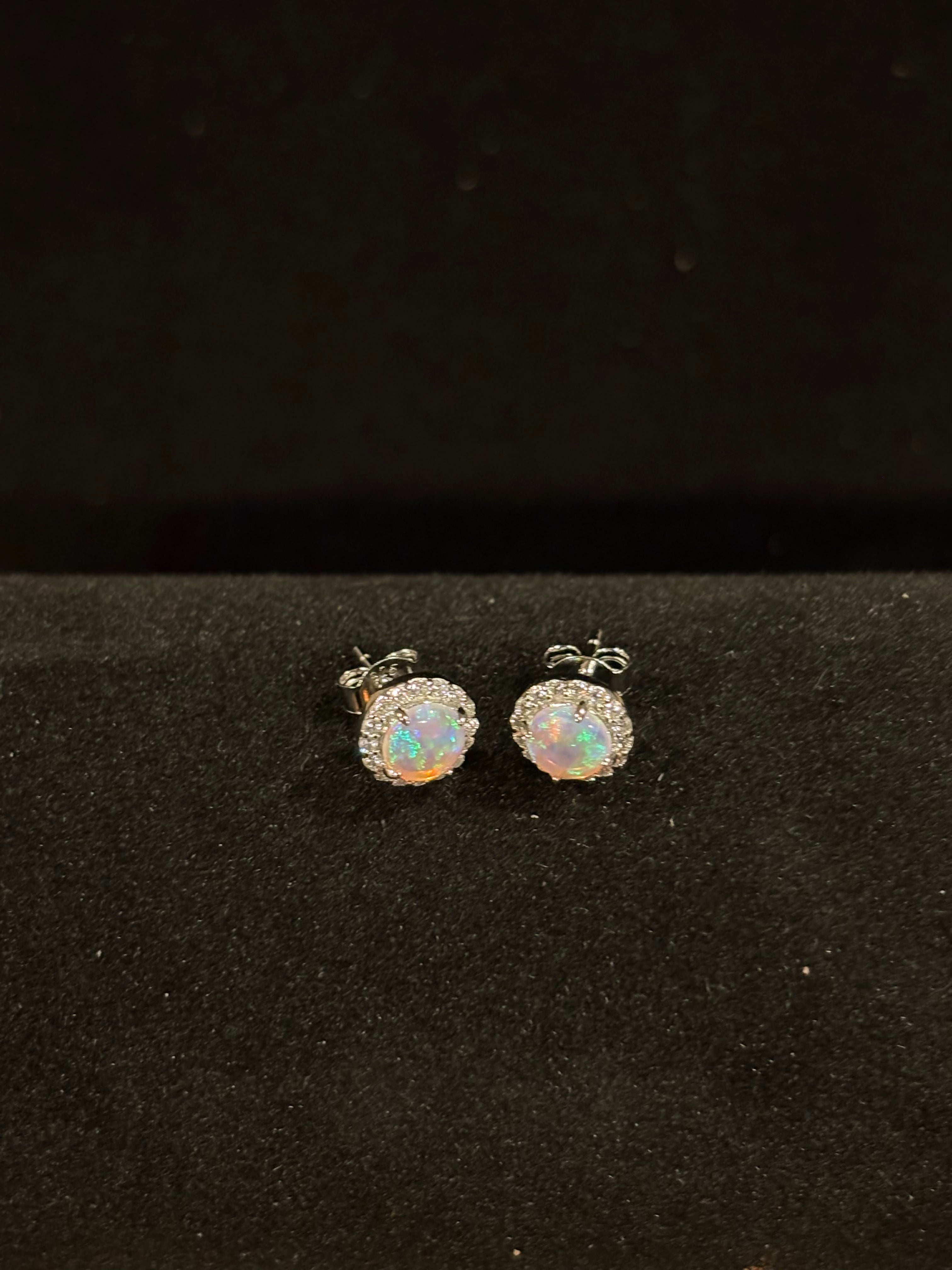 Elegant Round Fire Opal Halo Earrings in Sterling Silver