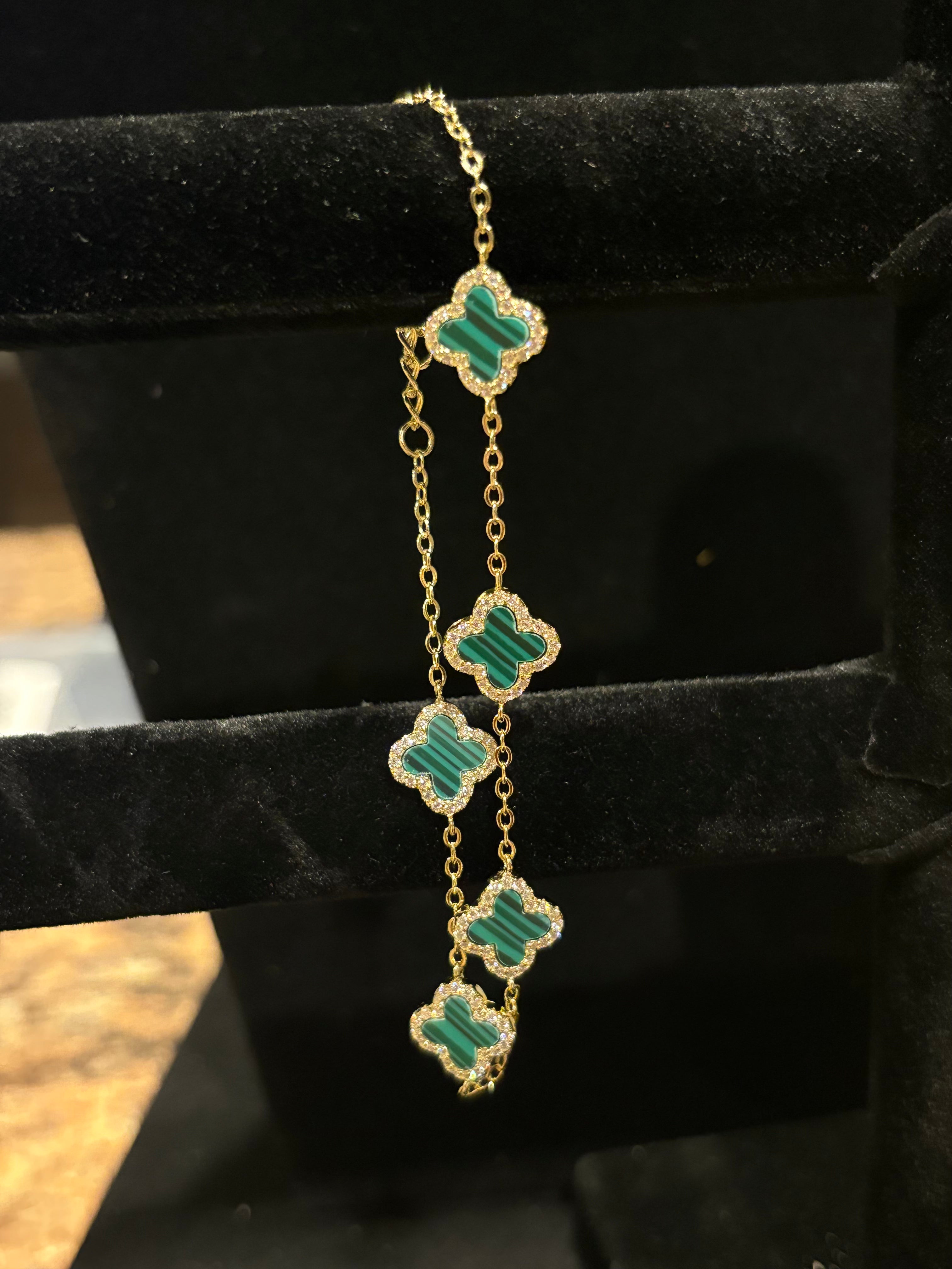 Elegant Five-Motif Green Clover Charm Bracelet