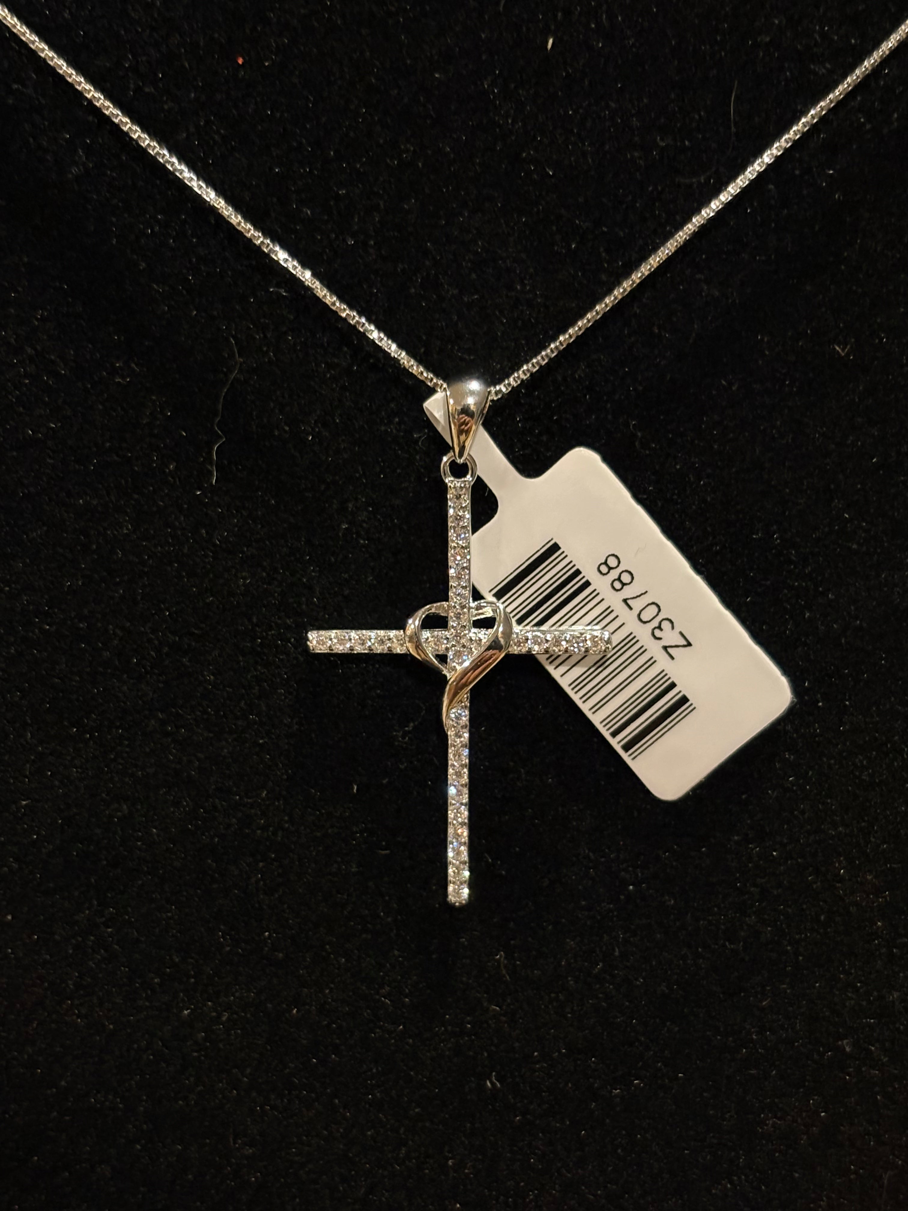 Cross & Heart Pendant Necklace Sterling Silver Moissanite