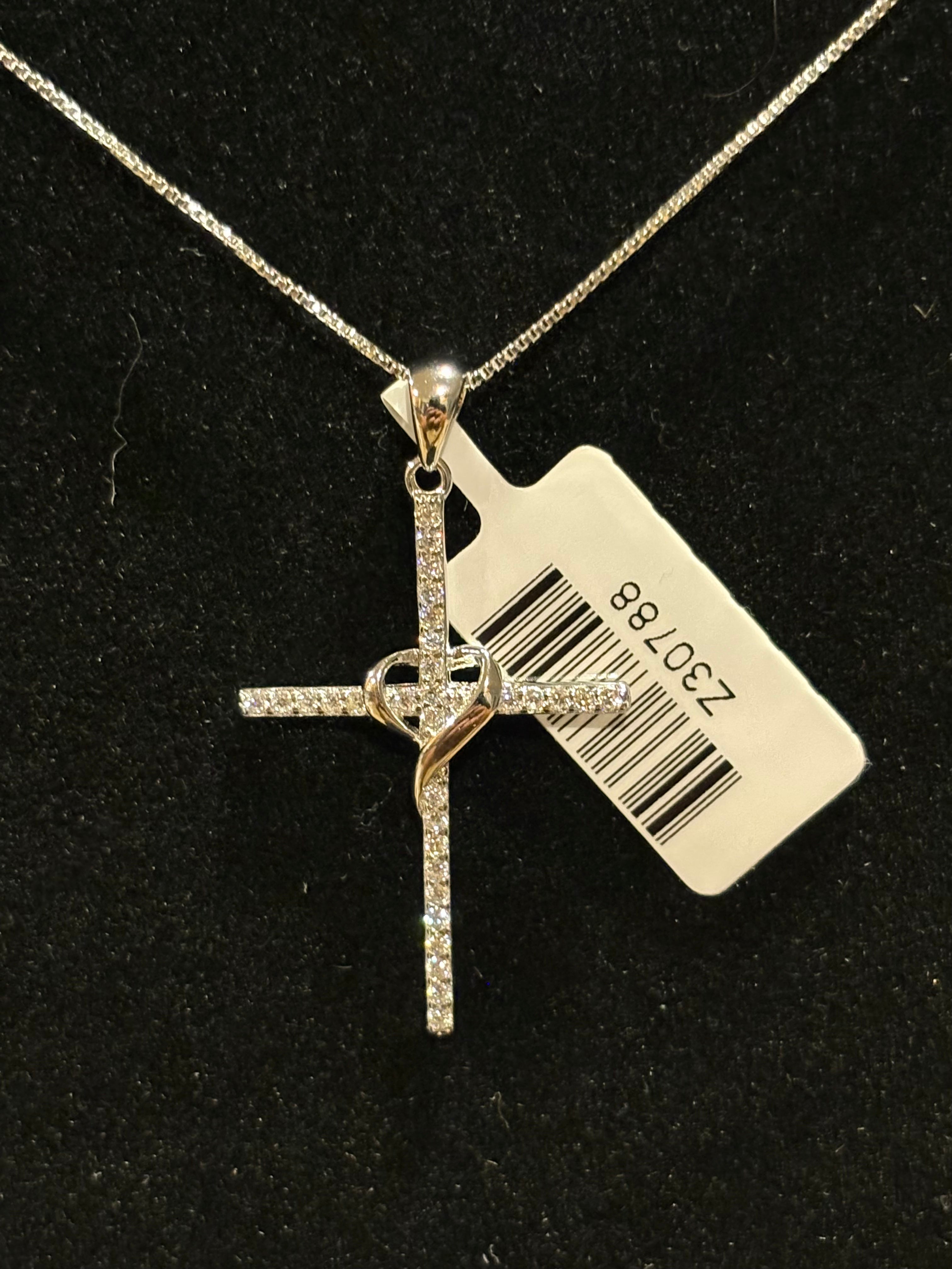 Cross & Heart Pendant Necklace Sterling Silver Moissanite