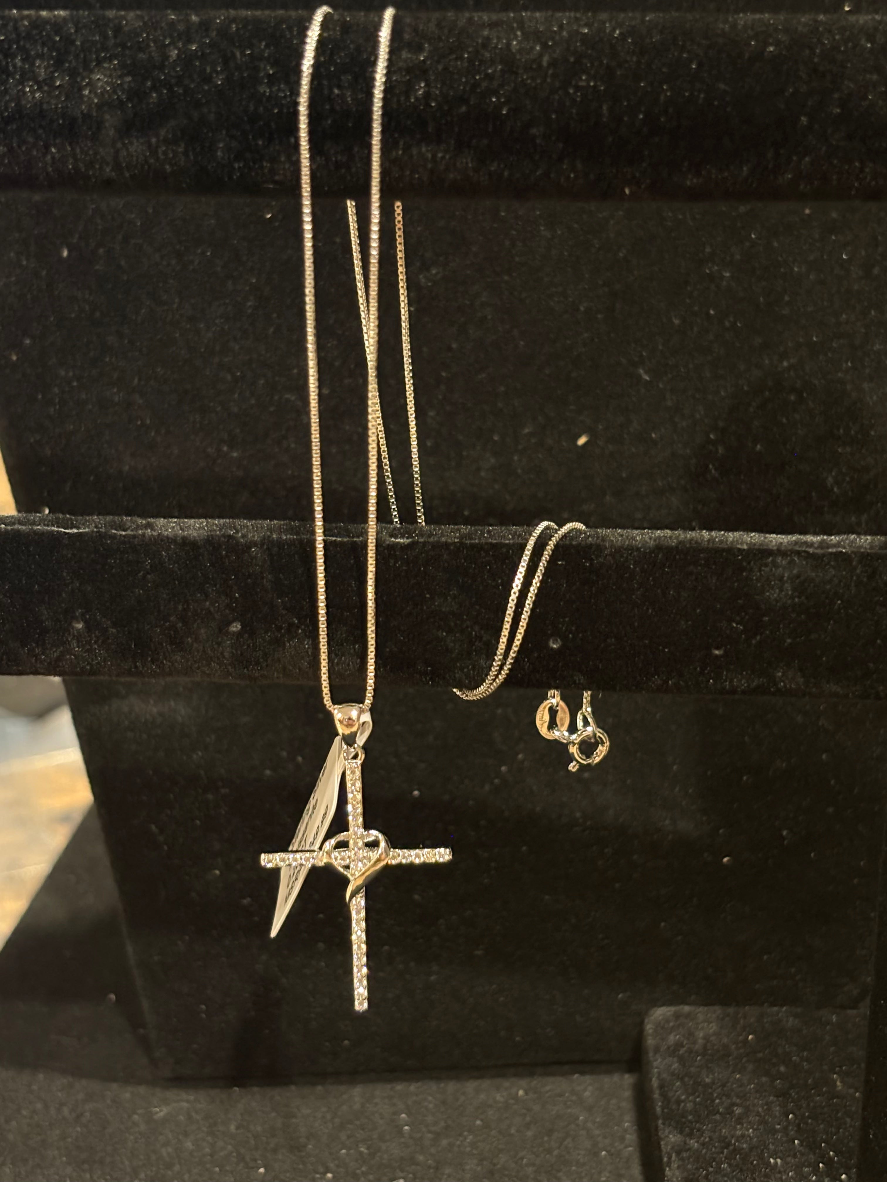 Cross & Heart Pendant Necklace Sterling Silver Moissanite