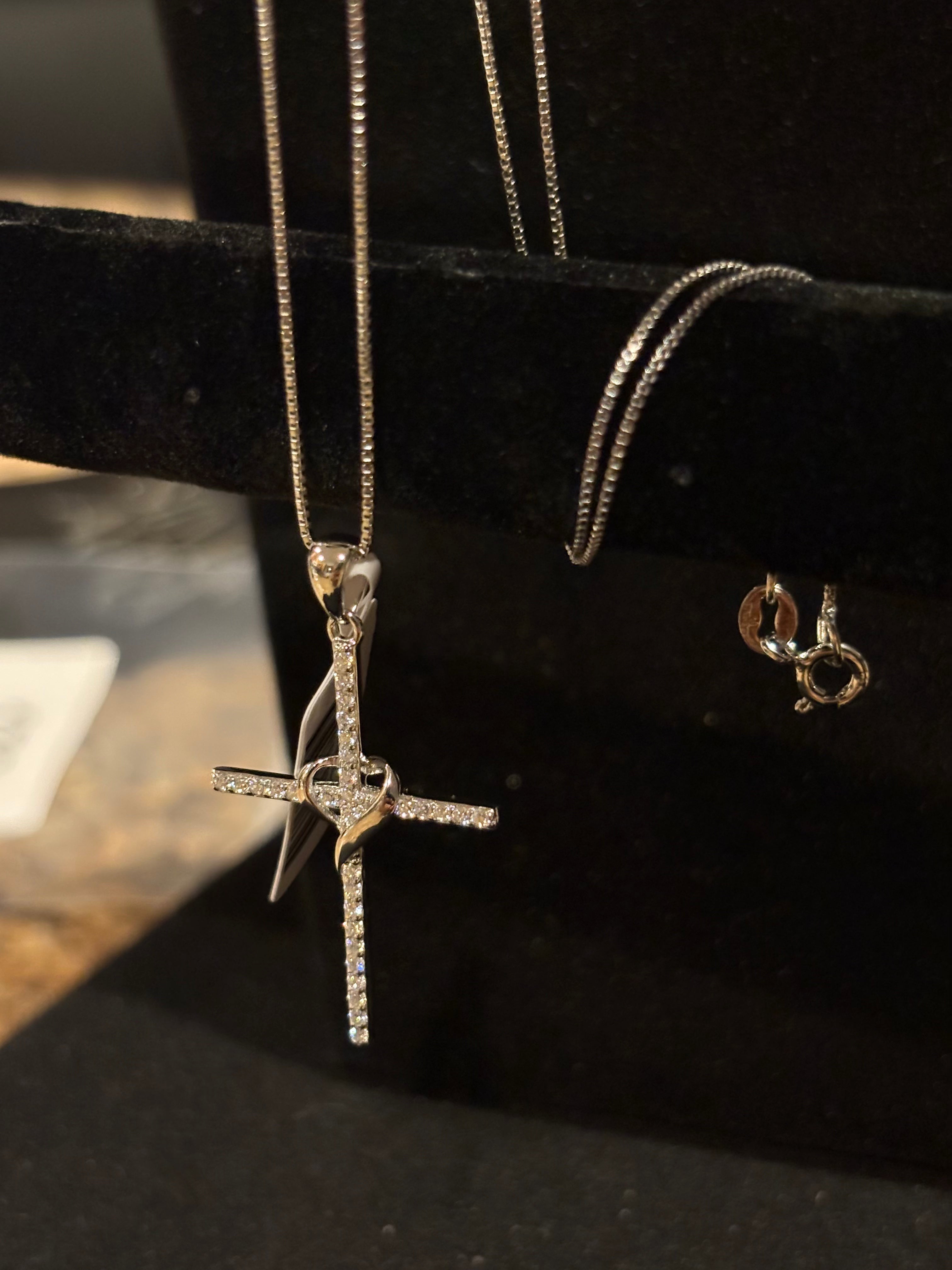 Cross & Heart Pendant Necklace Sterling Silver Moissanite