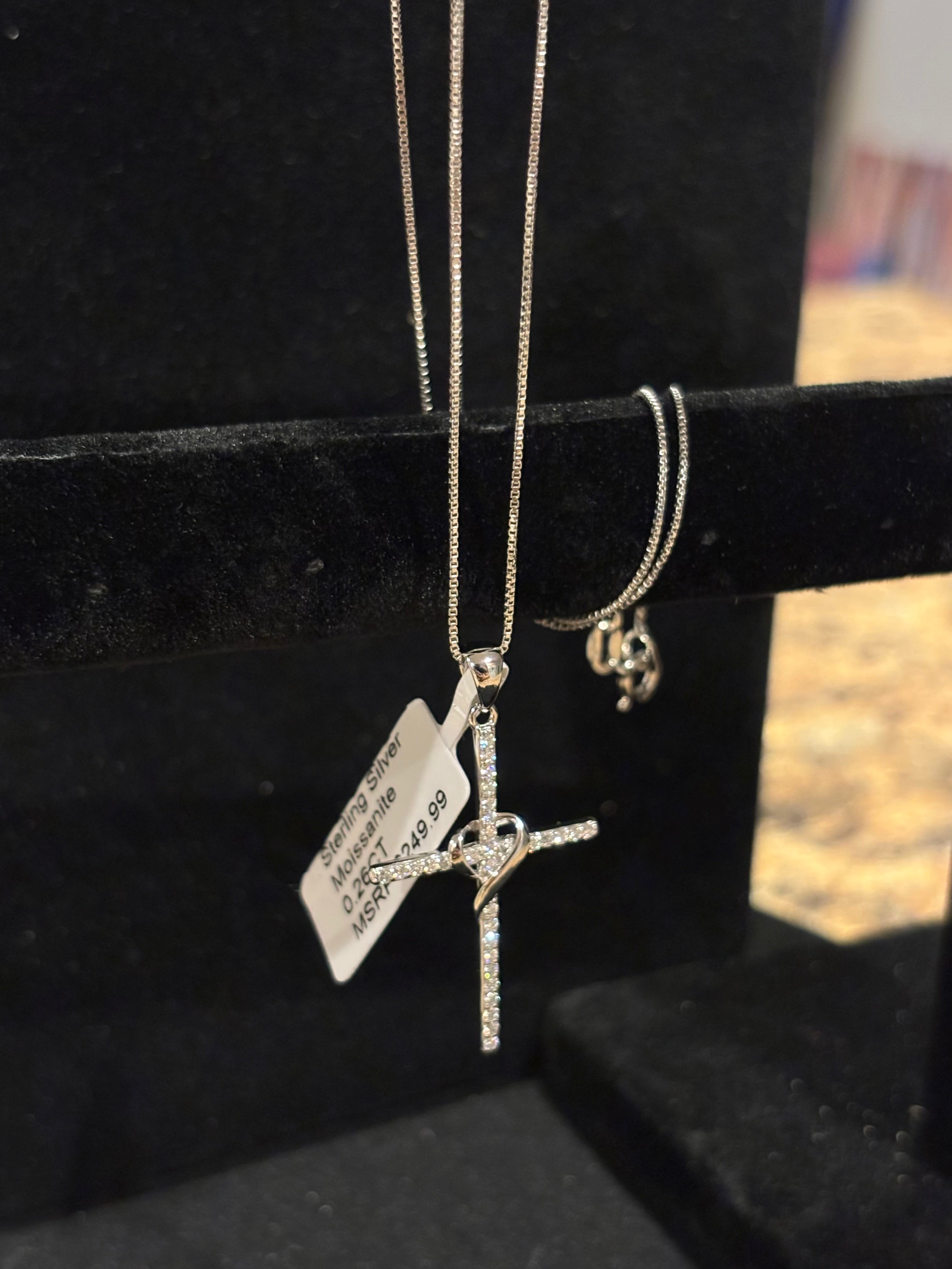 Cross & Heart Pendant Necklace Sterling Silver Moissanite