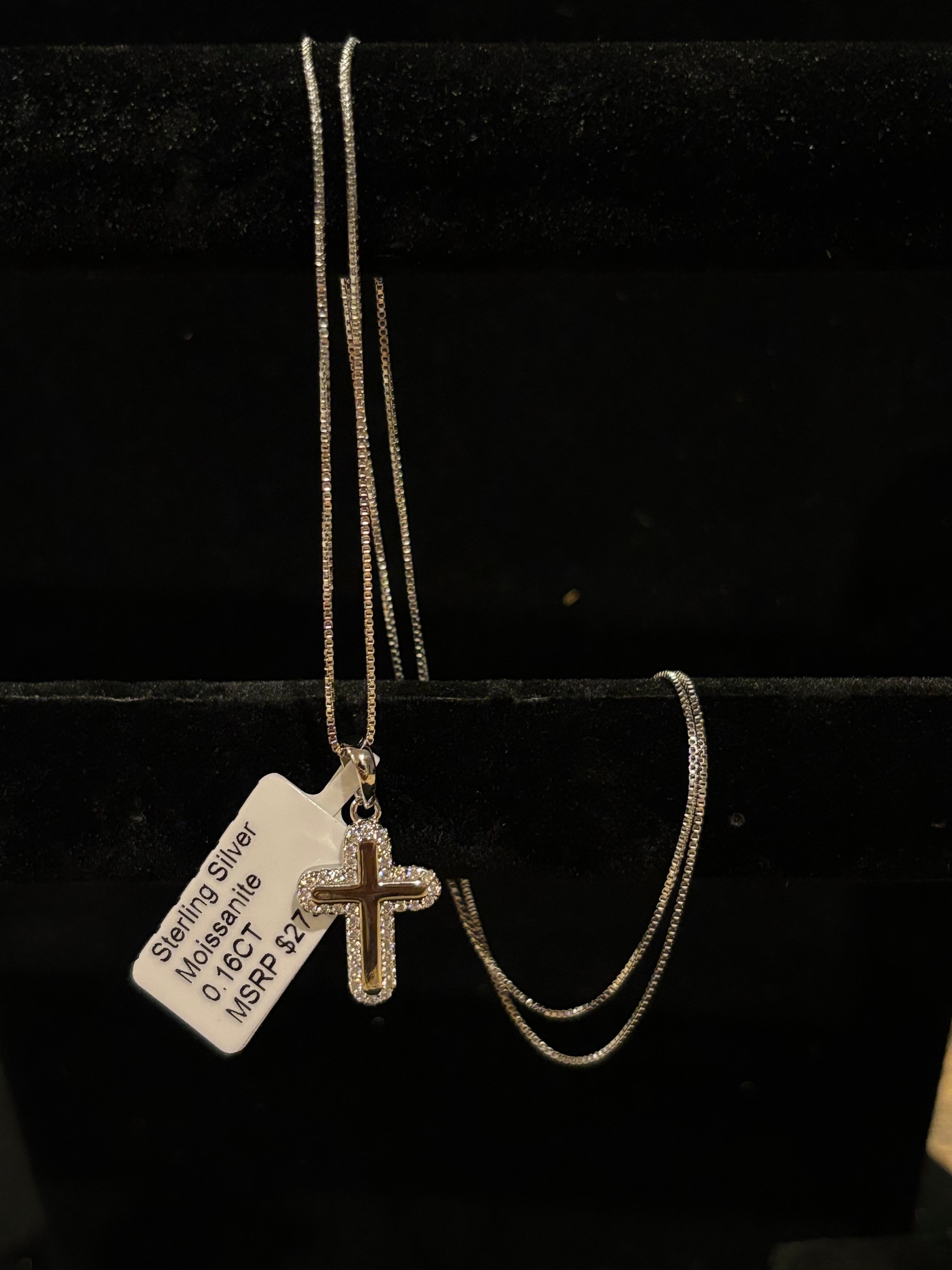 Double-Layer Cross Pendant Necklace Sterling Silver Moissanite