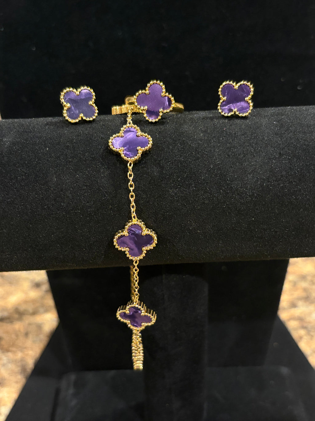 Majestic Violet: Gold-Plated Purple Clover Jewelry Set