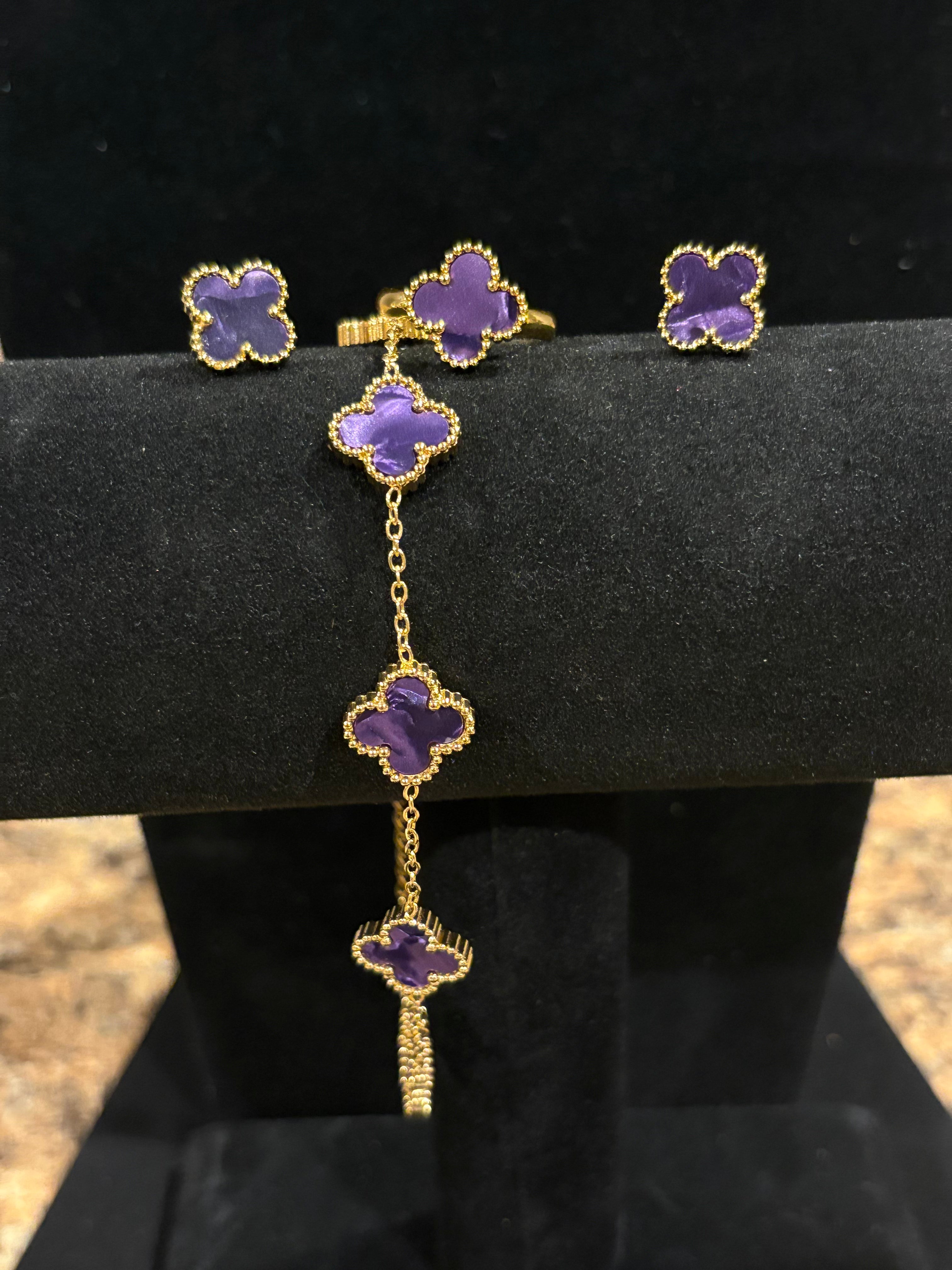 Majestic Violet: Gold-Plated Purple Clover Jewelry Set