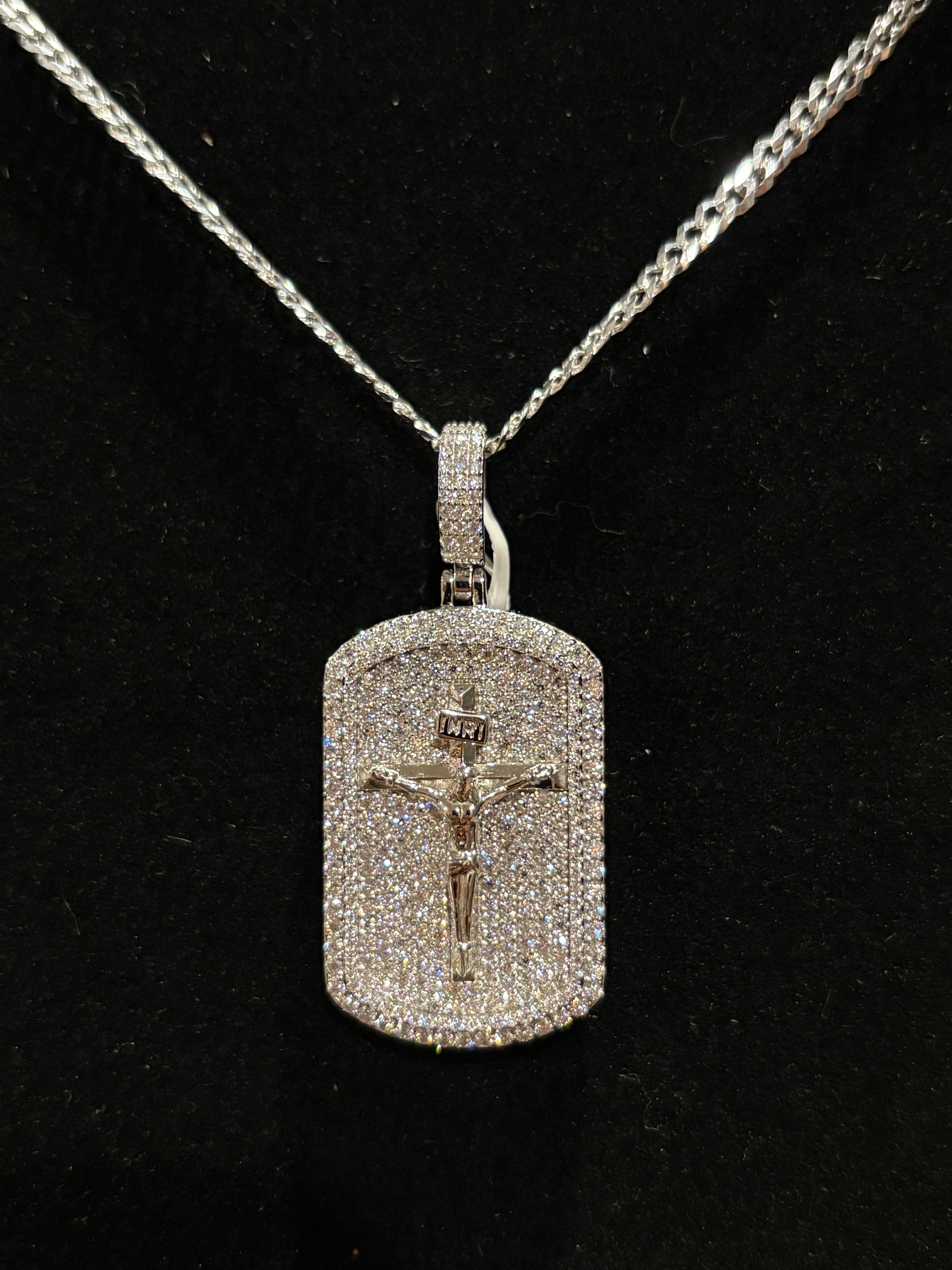 Men’s Iced-Out Moissanite Crucifix Dog Tag Pendant & Curb Chain