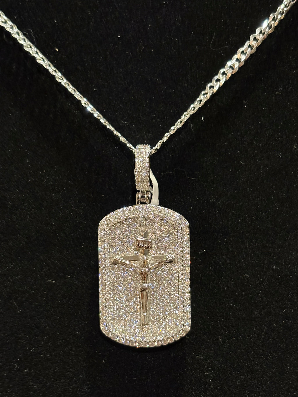 Men’s Iced-Out Moissanite Crucifix Dog Tag Pendant & Curb Chain