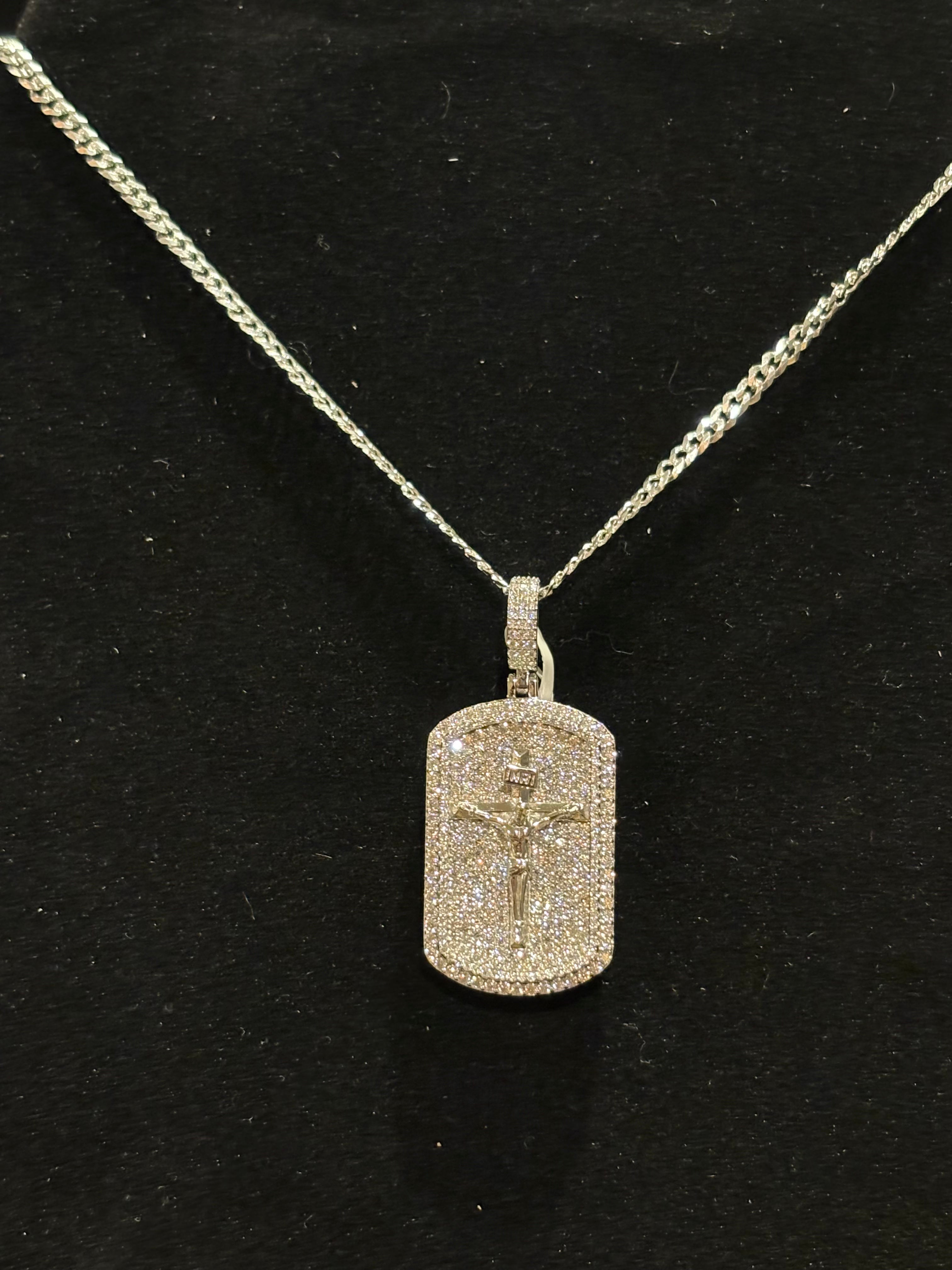 Men’s Iced-Out Moissanite Crucifix Dog Tag Pendant & Curb Chain