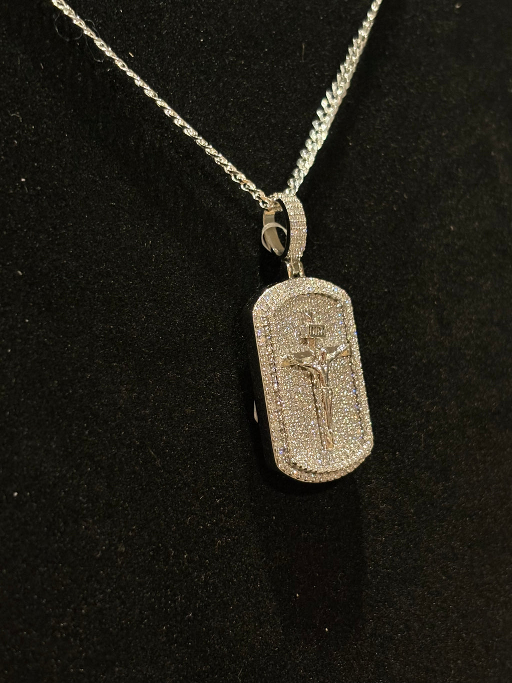 Men’s Iced-Out Moissanite Crucifix Dog Tag Pendant & Curb Chain