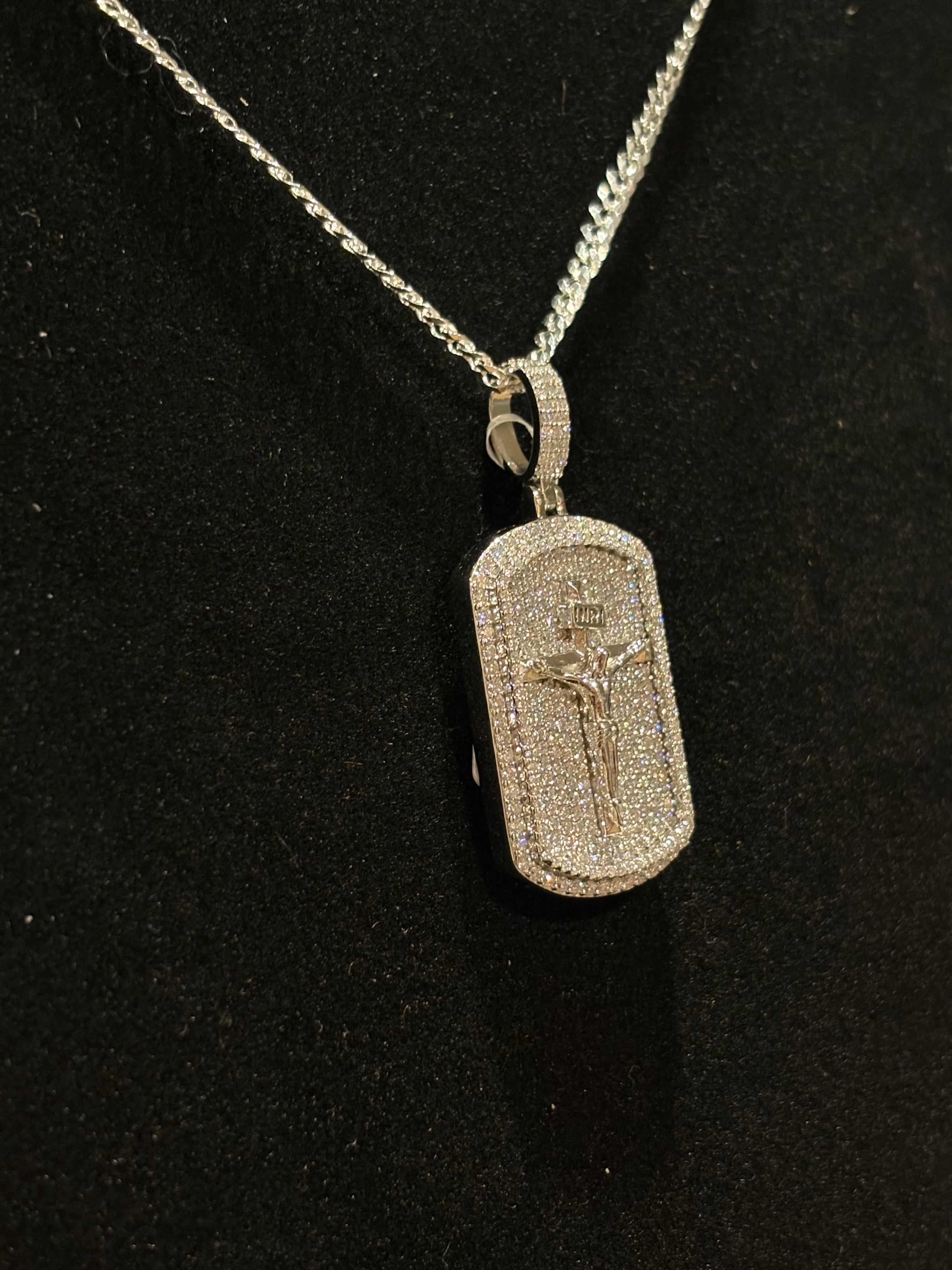 Men’s Iced-Out Moissanite Crucifix Dog Tag Pendant & Curb Chain