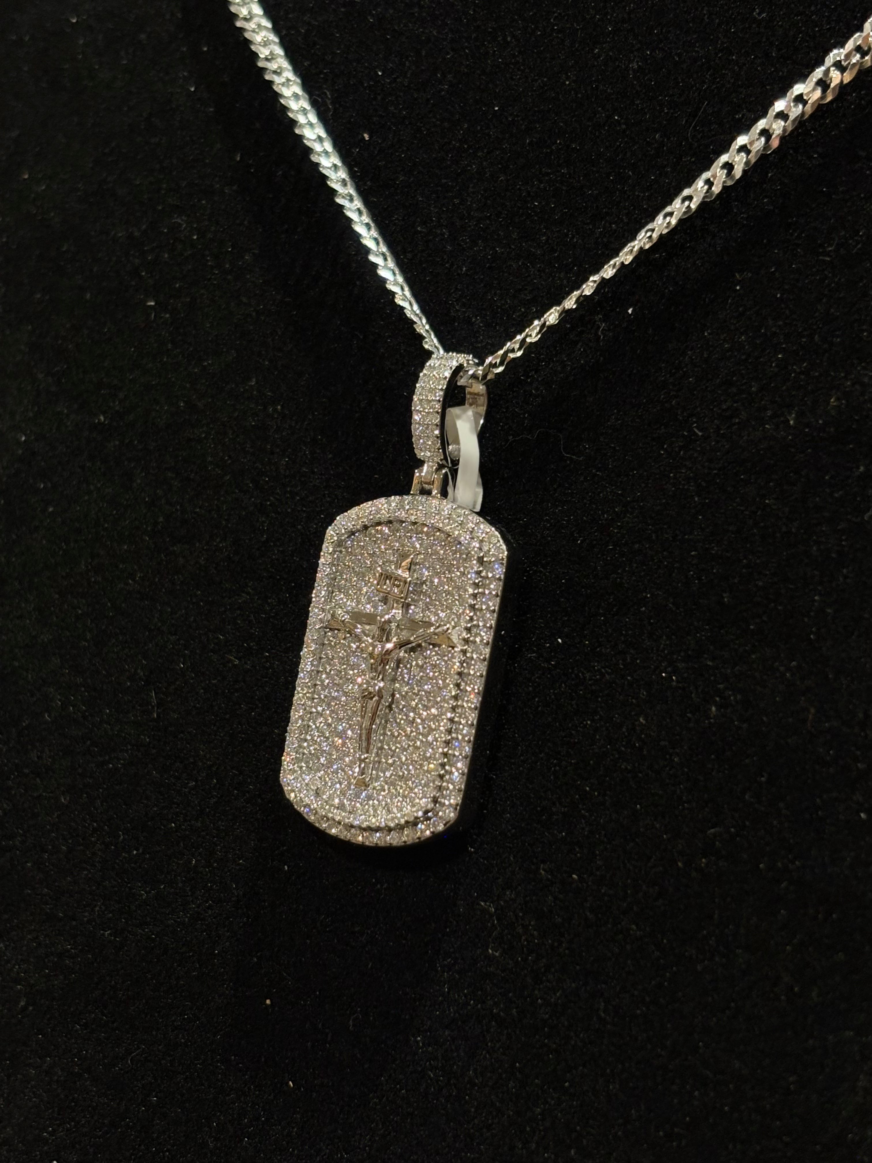 Men’s Iced-Out Moissanite Crucifix Dog Tag Pendant & Curb Chain