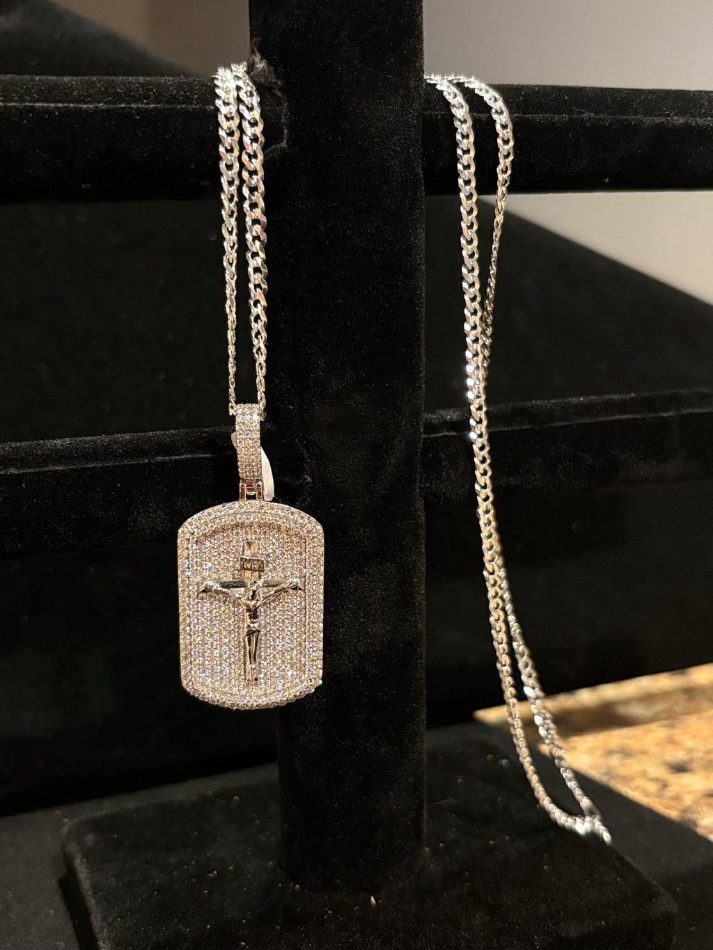 Men’s Iced-Out Moissanite Crucifix Dog Tag Pendant & Curb Chain