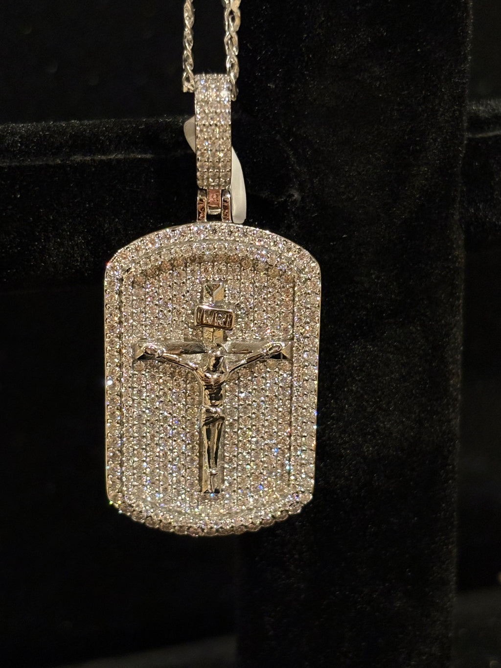 Men’s Iced-Out Moissanite Crucifix Dog Tag Pendant & Curb Chain