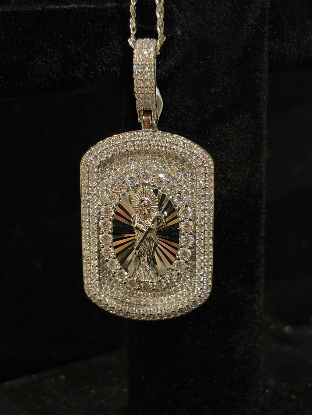 The Sacred Guardian: Men’s Iced-Out Santa Muerte Moissanite Dog Tag