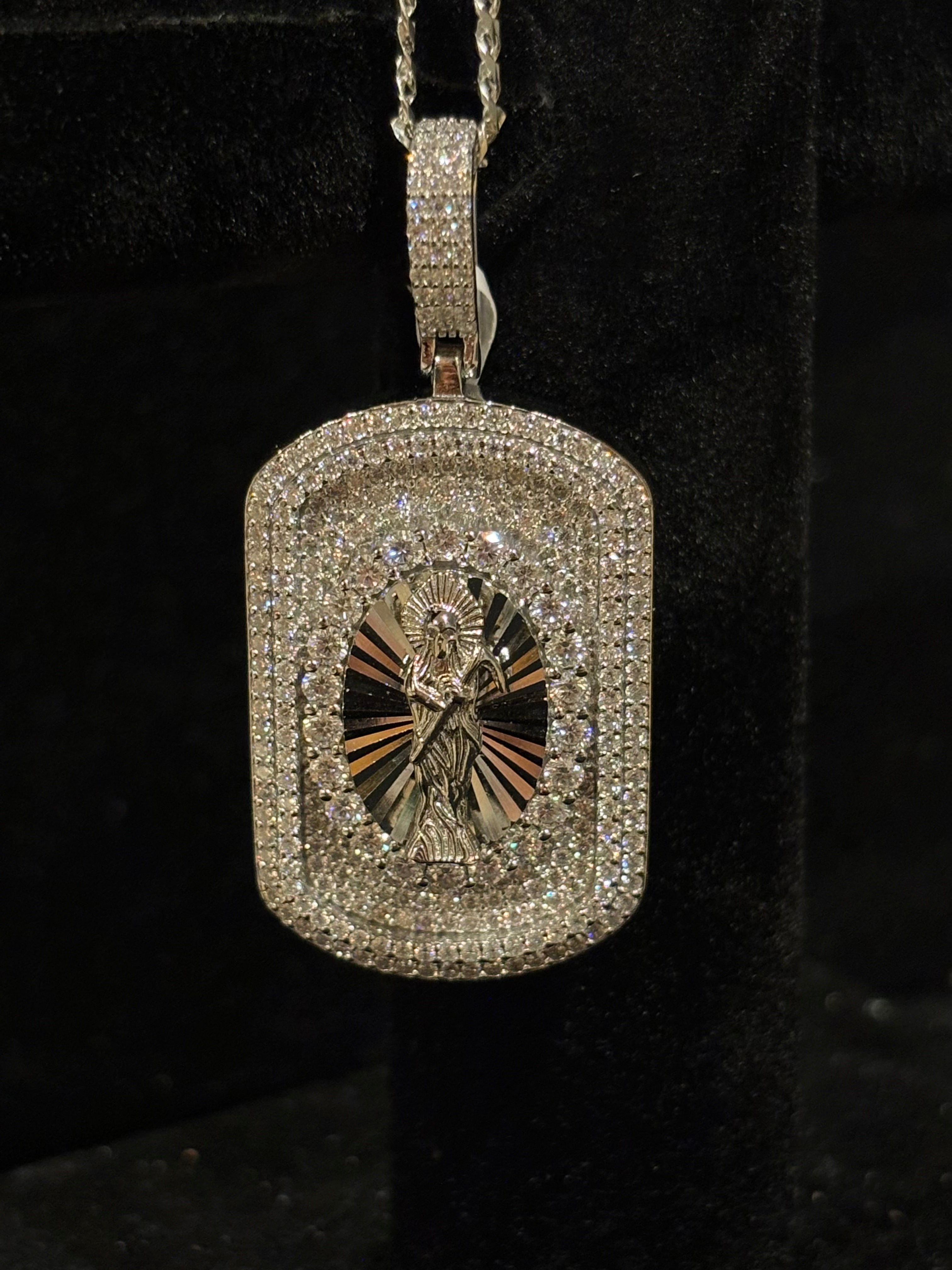 The Sacred Guardian: Men’s Iced-Out Santa Muerte Moissanite Dog Tag
