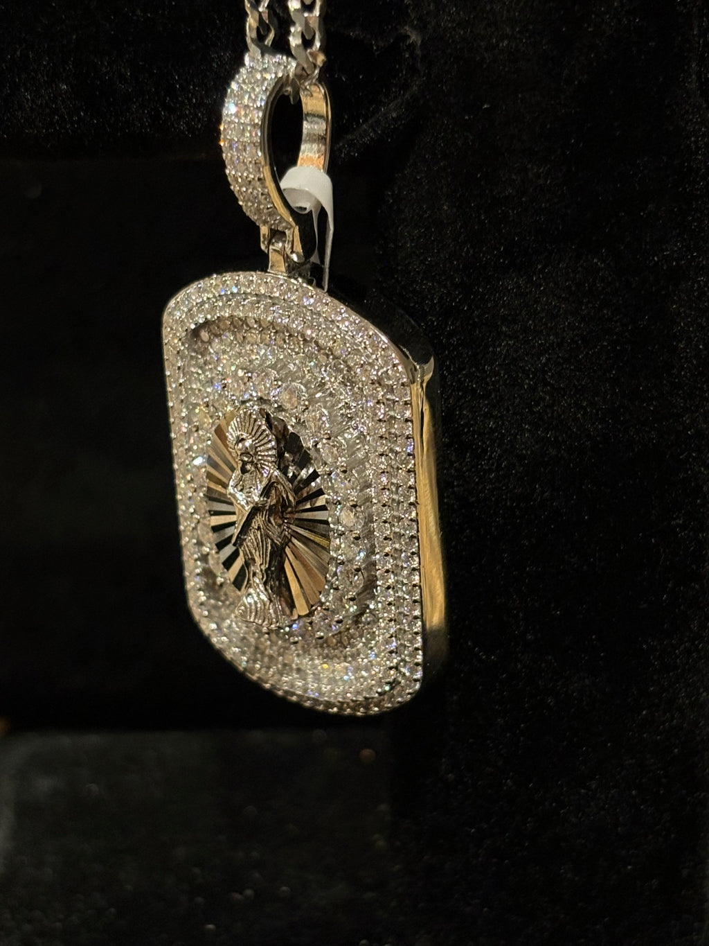 The Sacred Guardian: Men’s Iced-Out Santa Muerte Moissanite Dog Tag