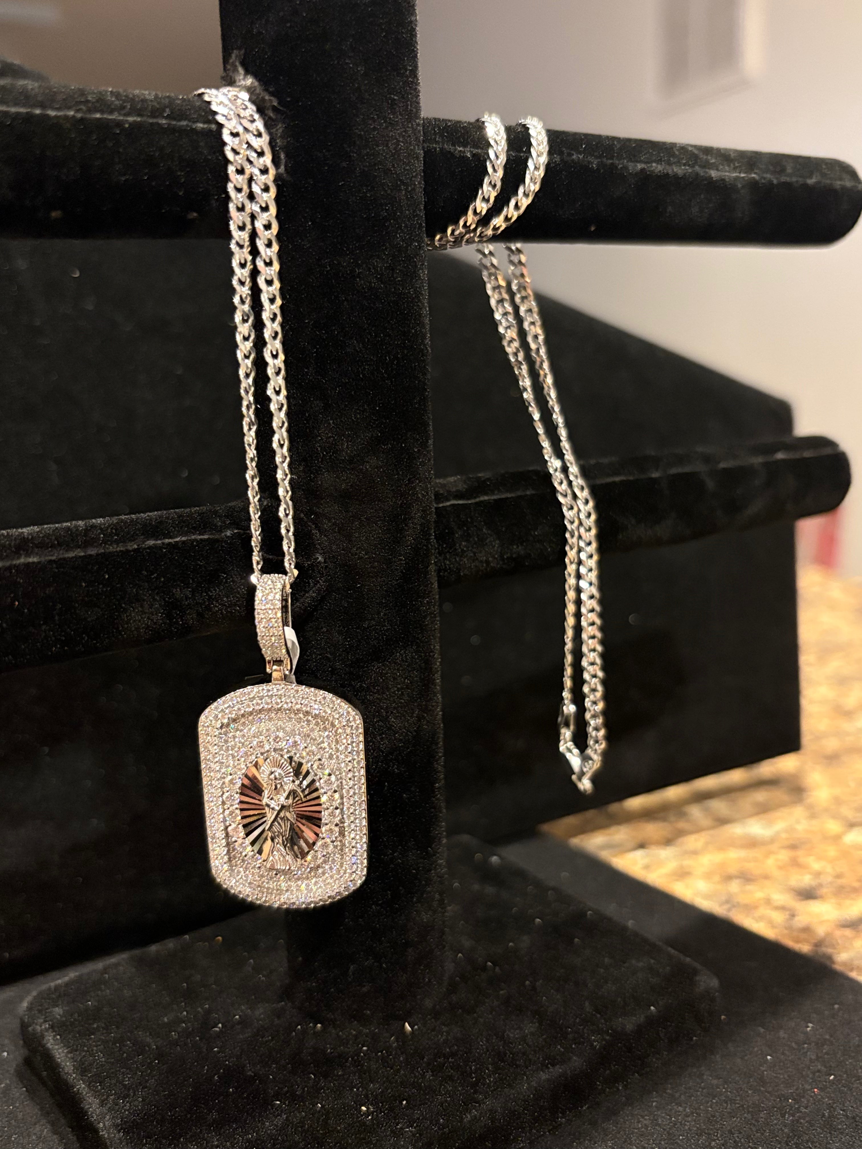 The Sacred Guardian: Men’s Iced-Out Santa Muerte Moissanite Dog Tag