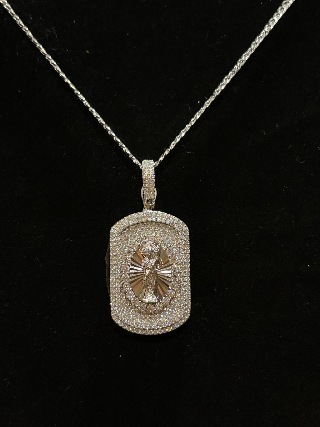 The Sacred Guardian: Men’s Iced-Out Santa Muerte Moissanite Dog Tag