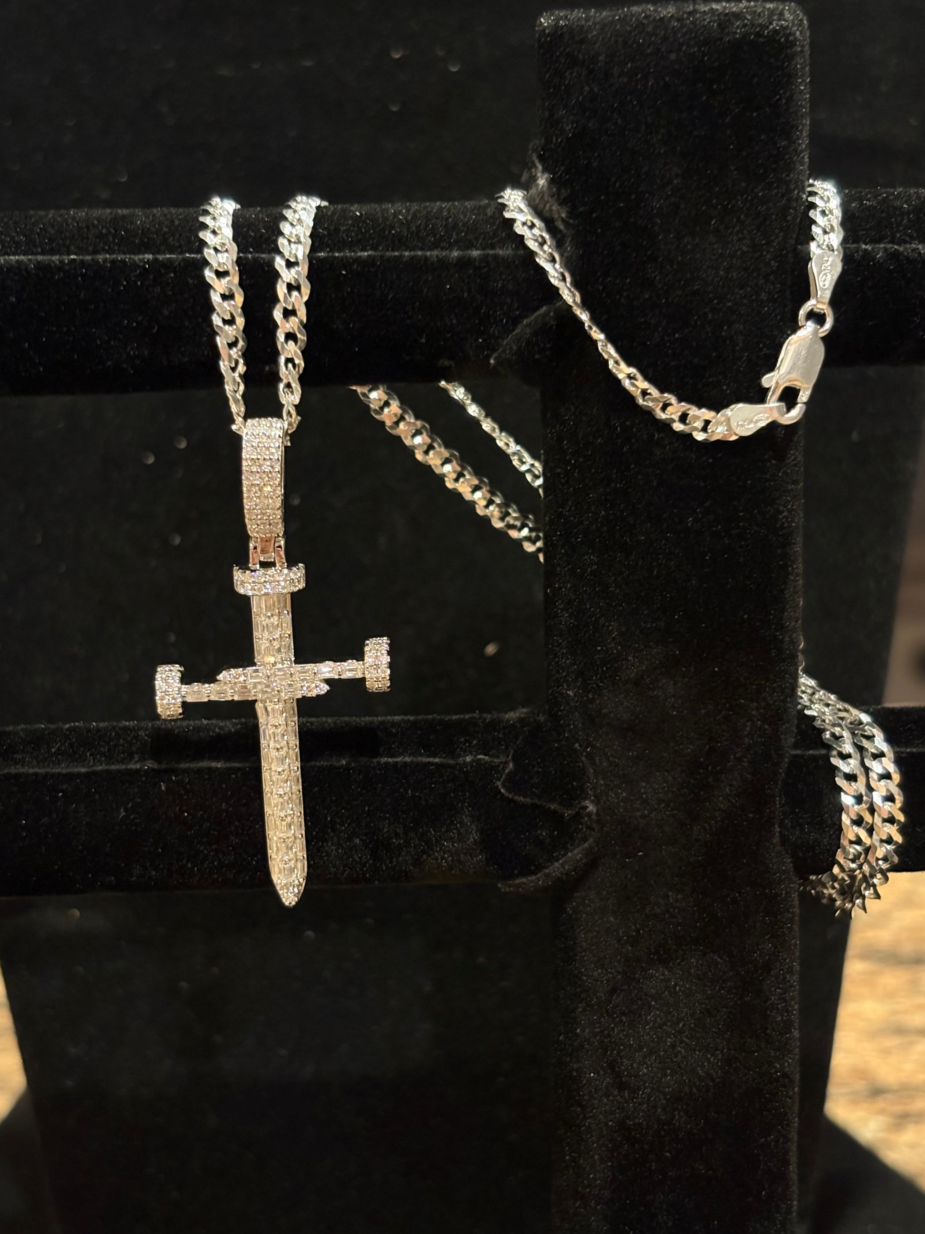 Men’s Iced Out Sterling Silver Sword Cross Pendant