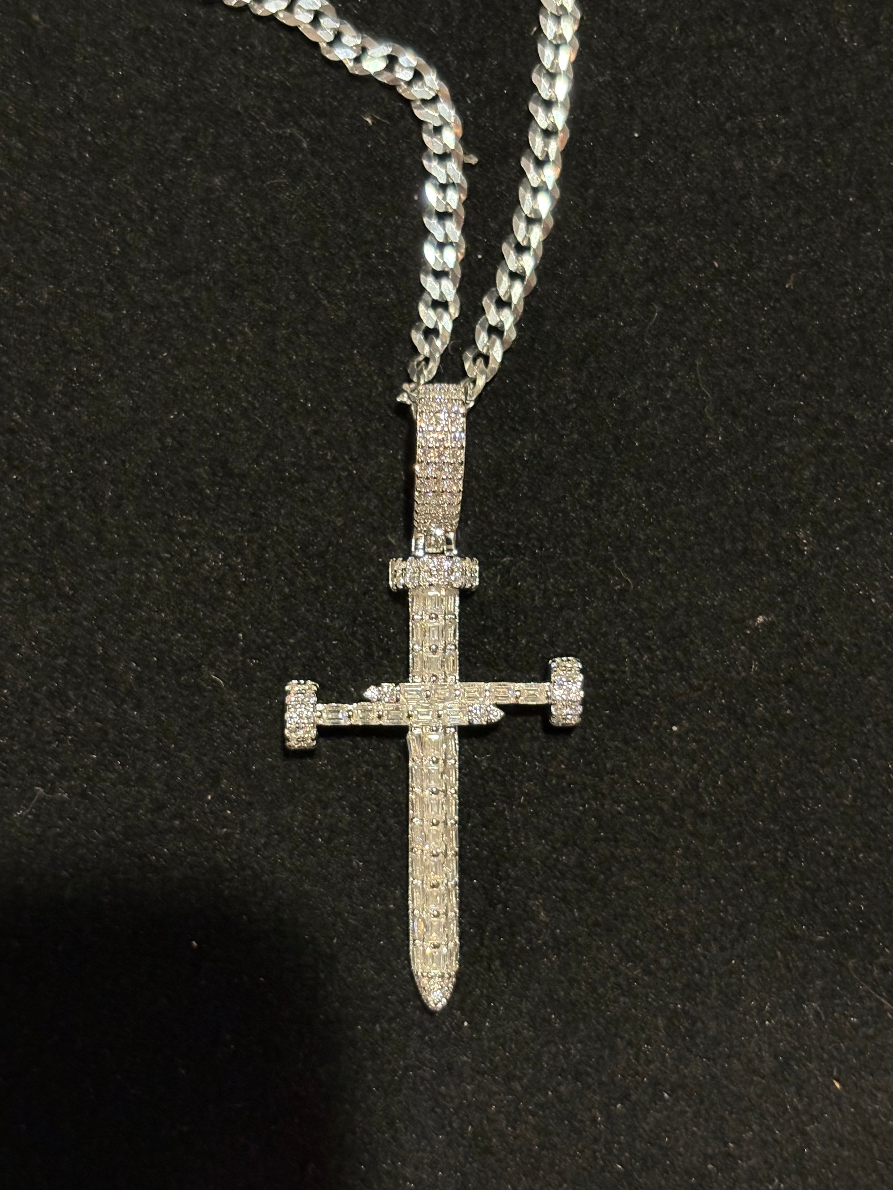 Men’s Iced Out Sterling Silver Sword Cross Pendant