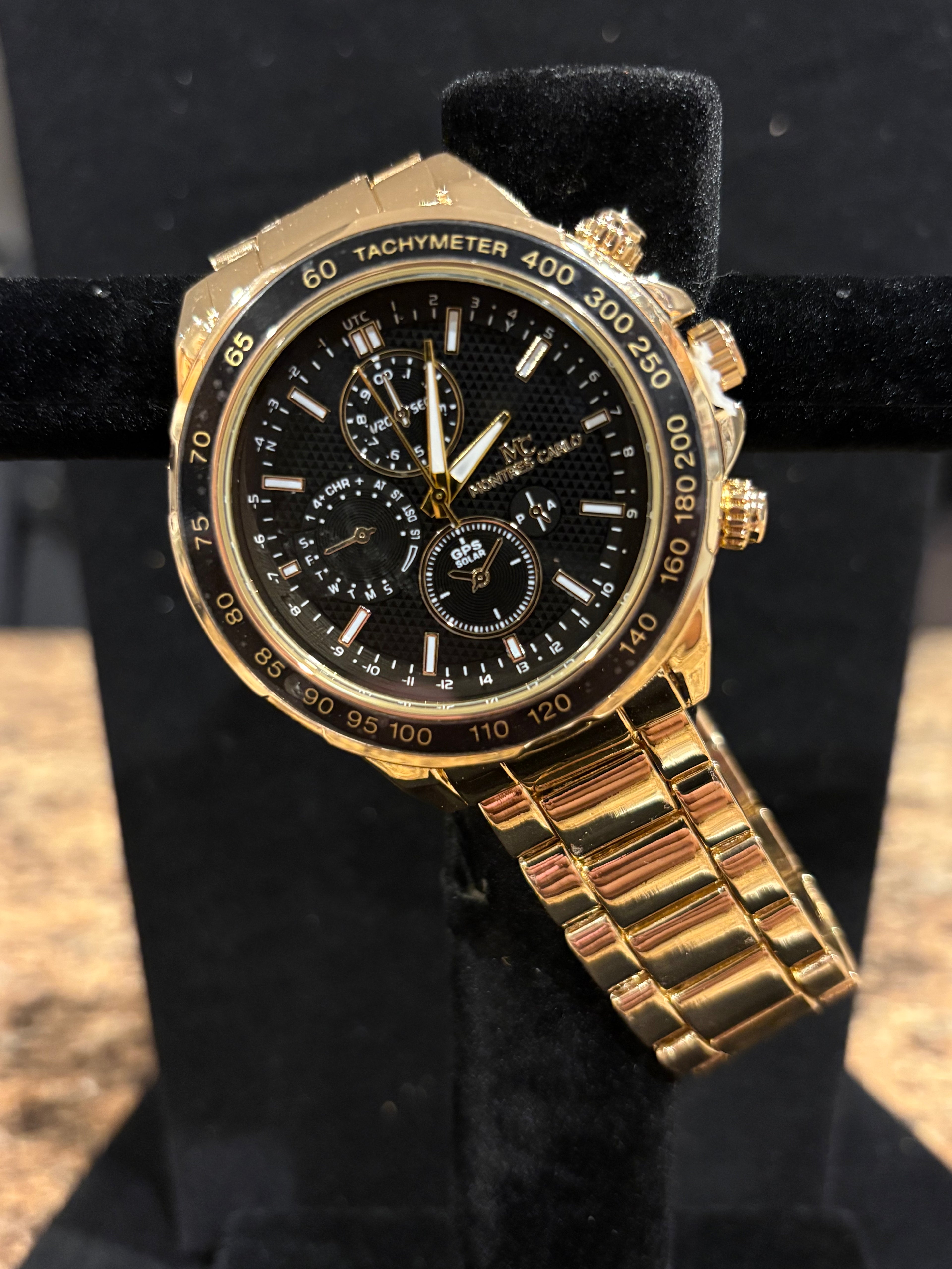 Golden Prestige: Men’s Montres Carlo Gold-Tone Tachymeter Watch (50mm)