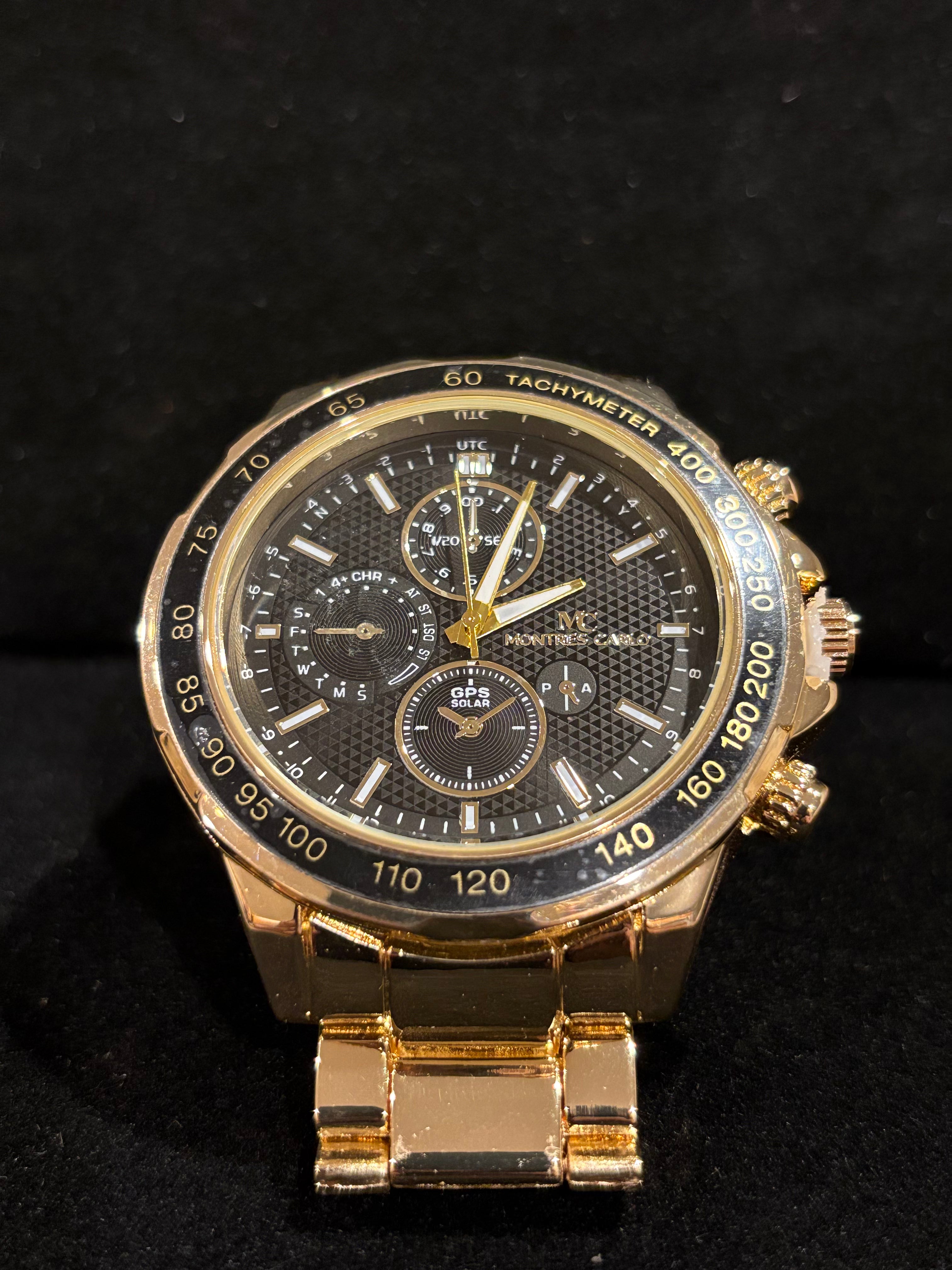Golden Prestige: Men’s Montres Carlo Gold-Tone Tachymeter Watch (50mm)