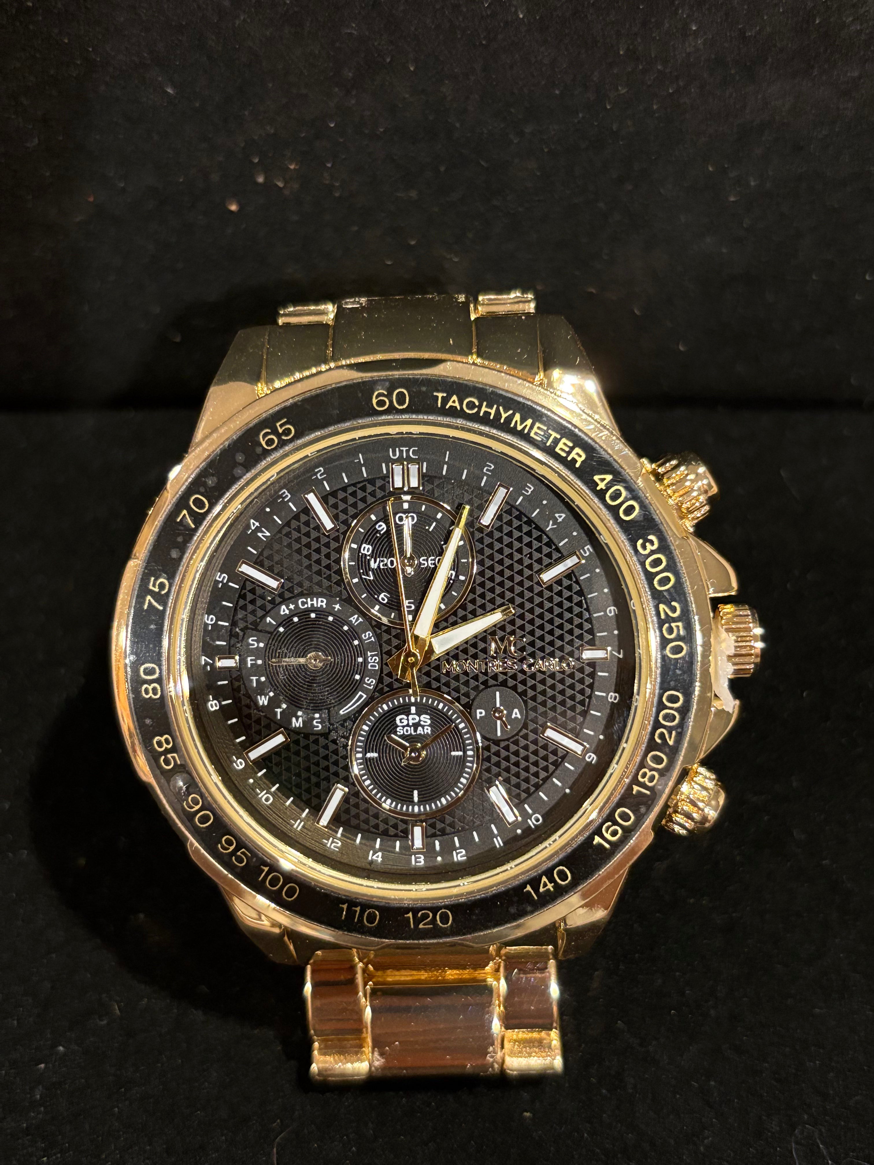 Golden Prestige: Men’s Montres Carlo Gold-Tone Tachymeter Watch (50mm)